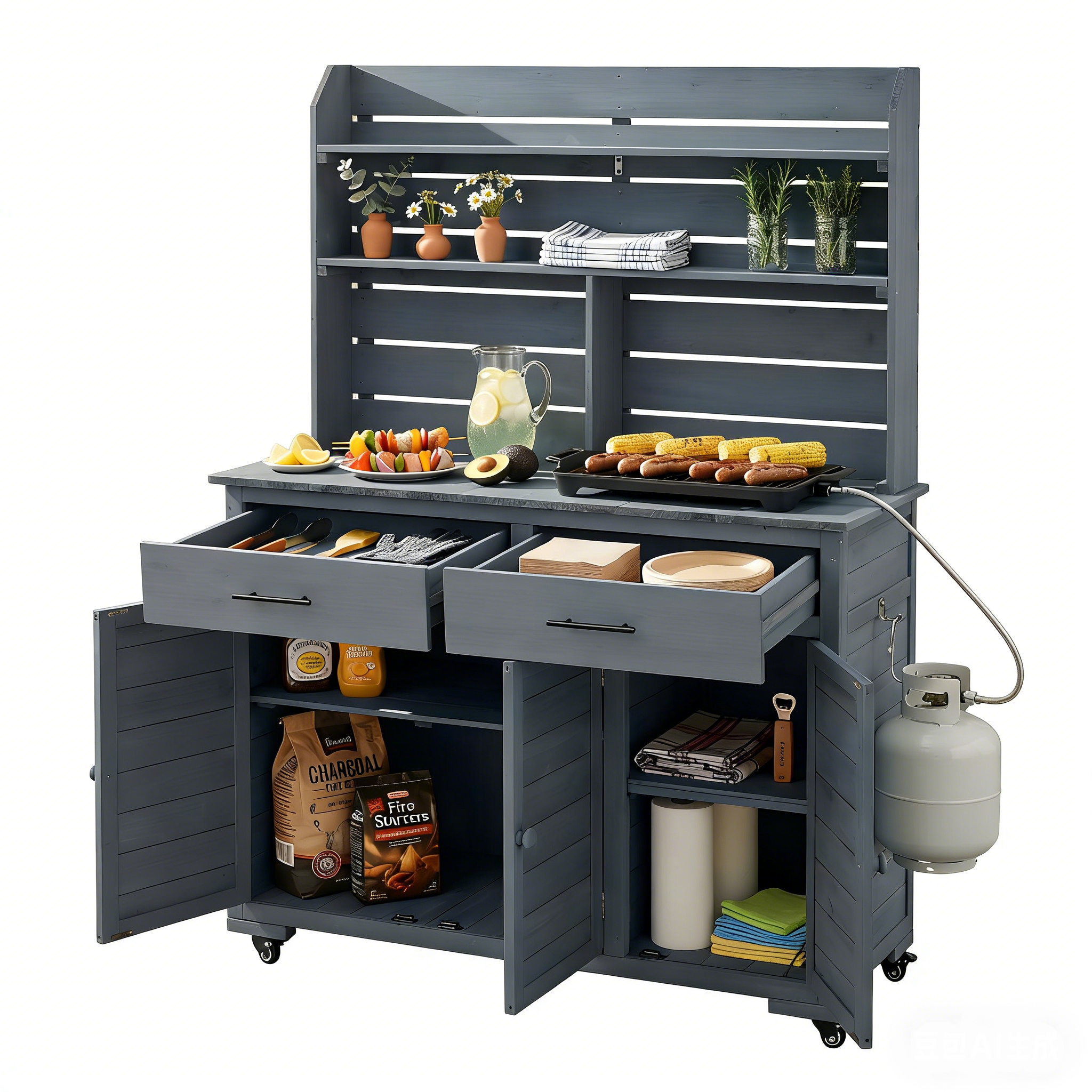 (Assembly Video) TOPMAX 65''H Large Garden Potting Bench with Lockable Wheels and Storage Cabinet, Wood Outdoor Kitchen Island Prep Cart with Hutch Top, Drawers and Removal Shelves for Grilling, Gray - Image 3
