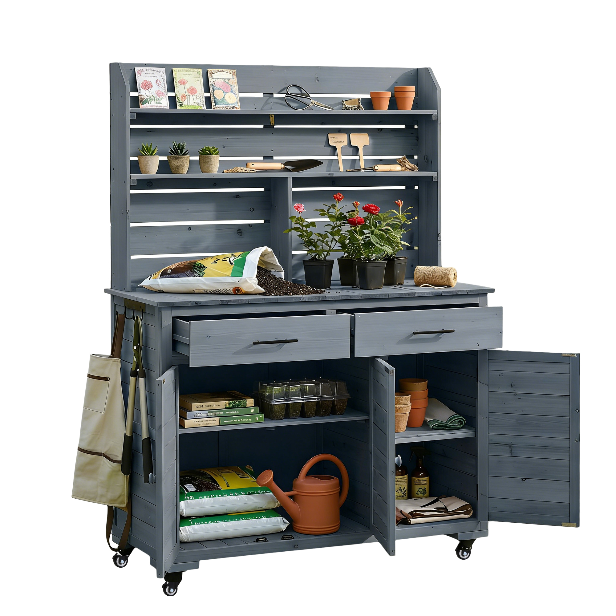 (Assembly Video) TOPMAX 65''H Large Garden Potting Bench with Lockable Wheels and Storage Cabinet, Wood Outdoor Kitchen Island Prep Cart with Hutch Top, Drawers and Removal Shelves for Grilling, Gray - Image 4