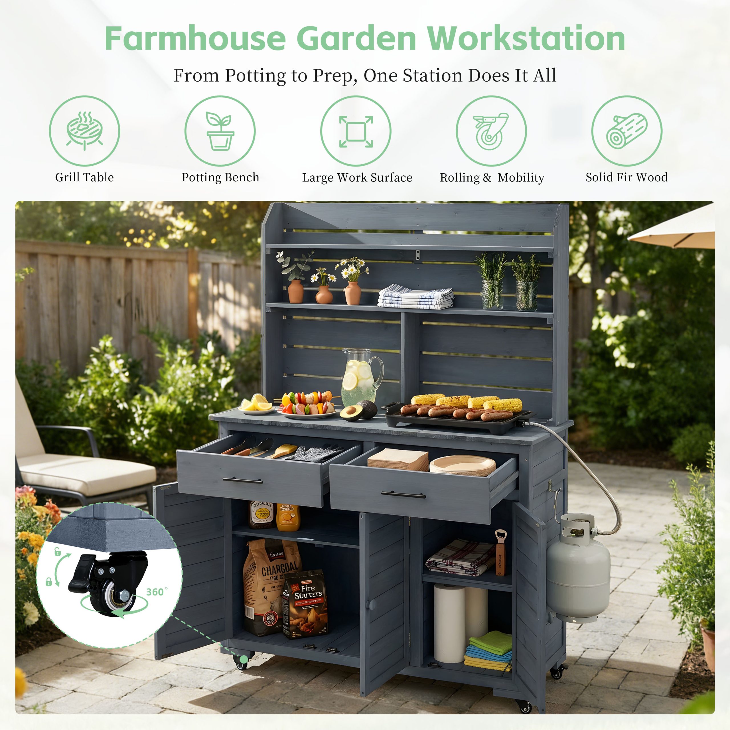 (Assembly Video) TOPMAX 65''H Large Garden Potting Bench with Lockable Wheels and Storage Cabinet, Wood Outdoor Kitchen Island Prep Cart with Hutch Top, Drawers and Removal Shelves for Grilling, Gray - Image 5