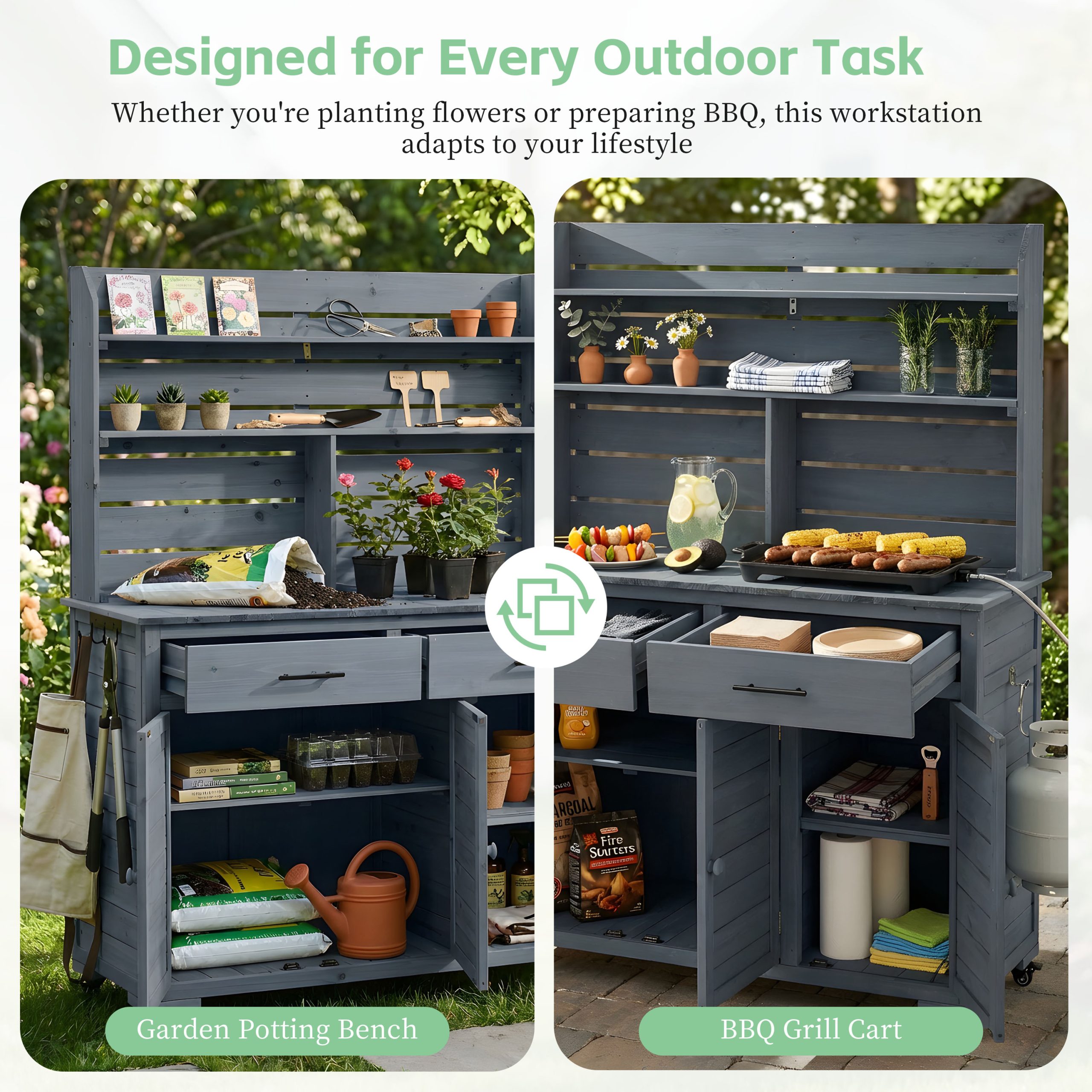 (Assembly Video) TOPMAX 65''H Large Garden Potting Bench with Lockable Wheels and Storage Cabinet, Wood Outdoor Kitchen Island Prep Cart with Hutch Top, Drawers and Removal Shelves for Grilling, Gray - Image 6