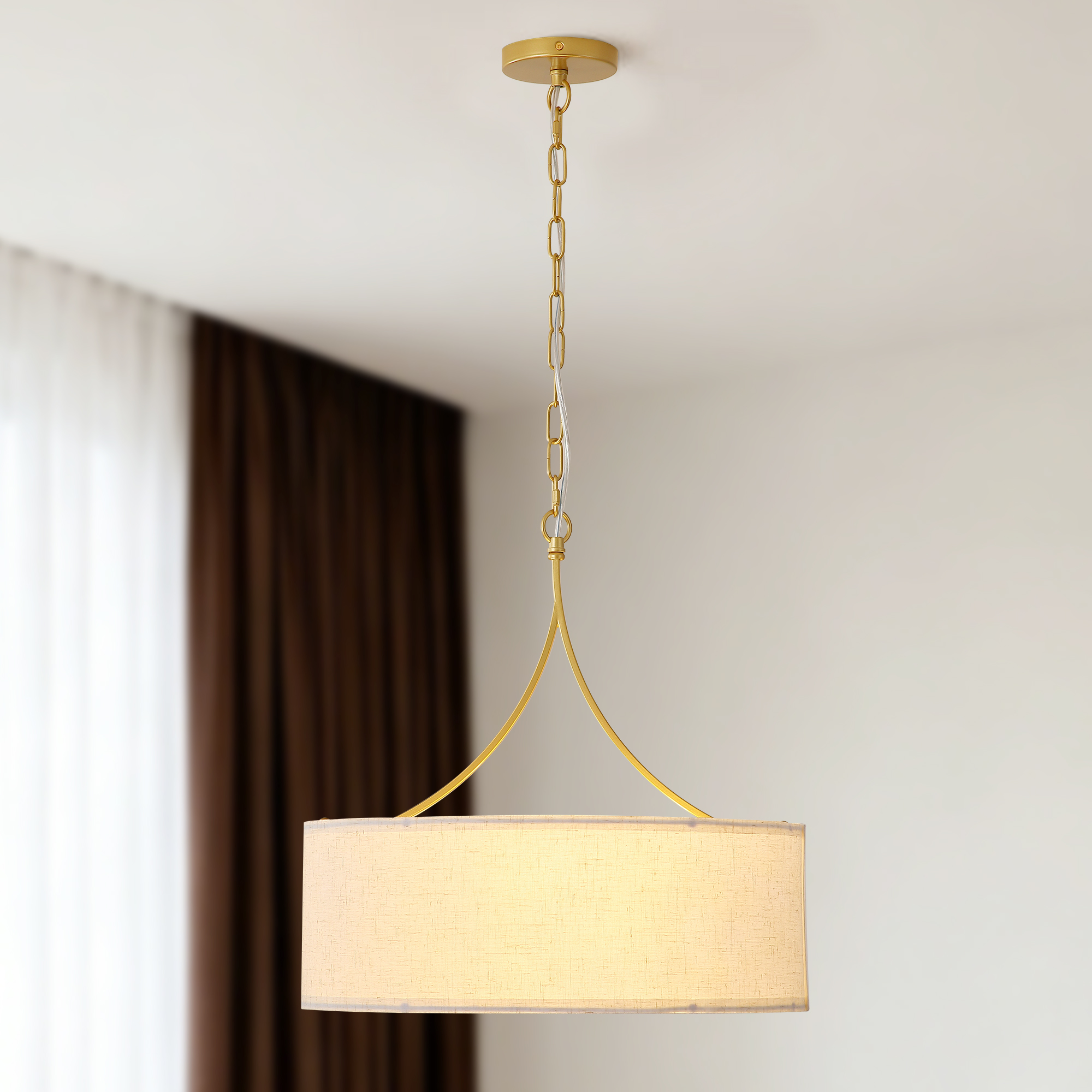 3-Light Gold Fabric Drum Pendant Light, Transitional Farmhouse Dining Room Chandelier Over Table, Adjustable Height Ceiling Light Fixture for Kitchen Island Living Room Entryway - Image 2