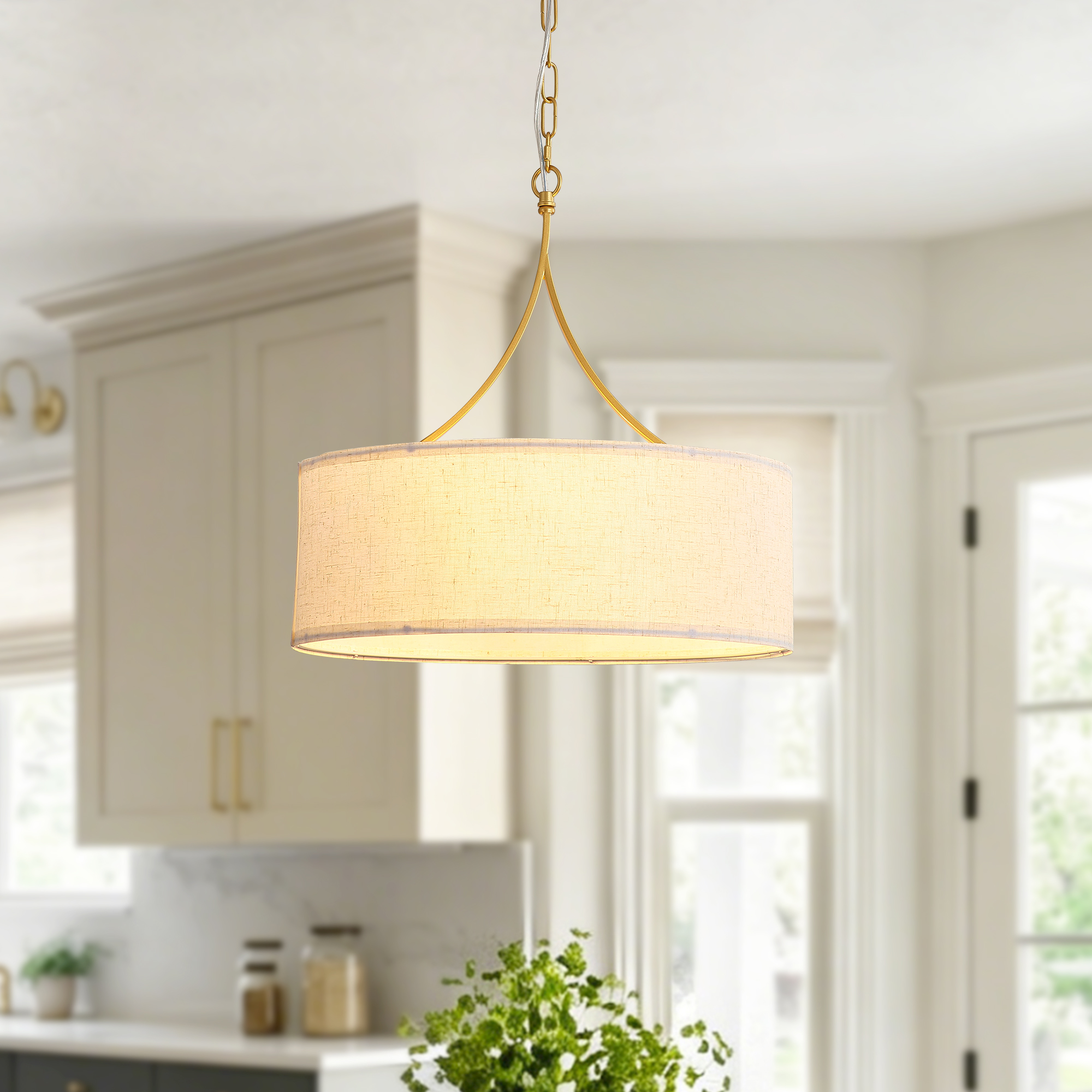 3-Light Gold Fabric Drum Pendant Light, Transitional Farmhouse Dining Room Chandelier Over Table, Adjustable Height Ceiling Light Fixture for Kitchen Island Living Room Entryway - Image 3