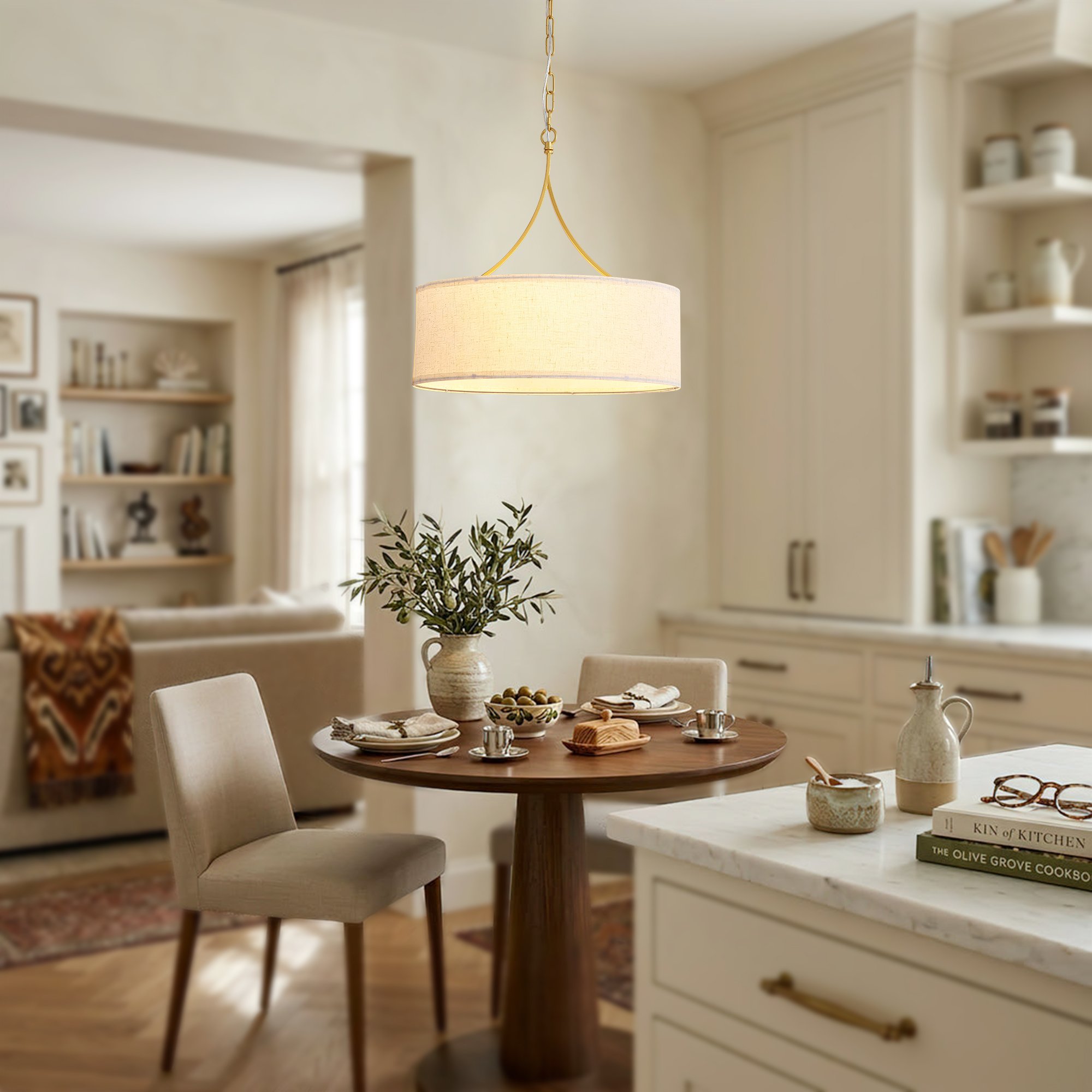 3-Light Gold Fabric Drum Pendant Light, Transitional Farmhouse Dining Room Chandelier Over Table, Adjustable Height Ceiling Light Fixture for Kitchen Island Living Room Entryway - Image 4