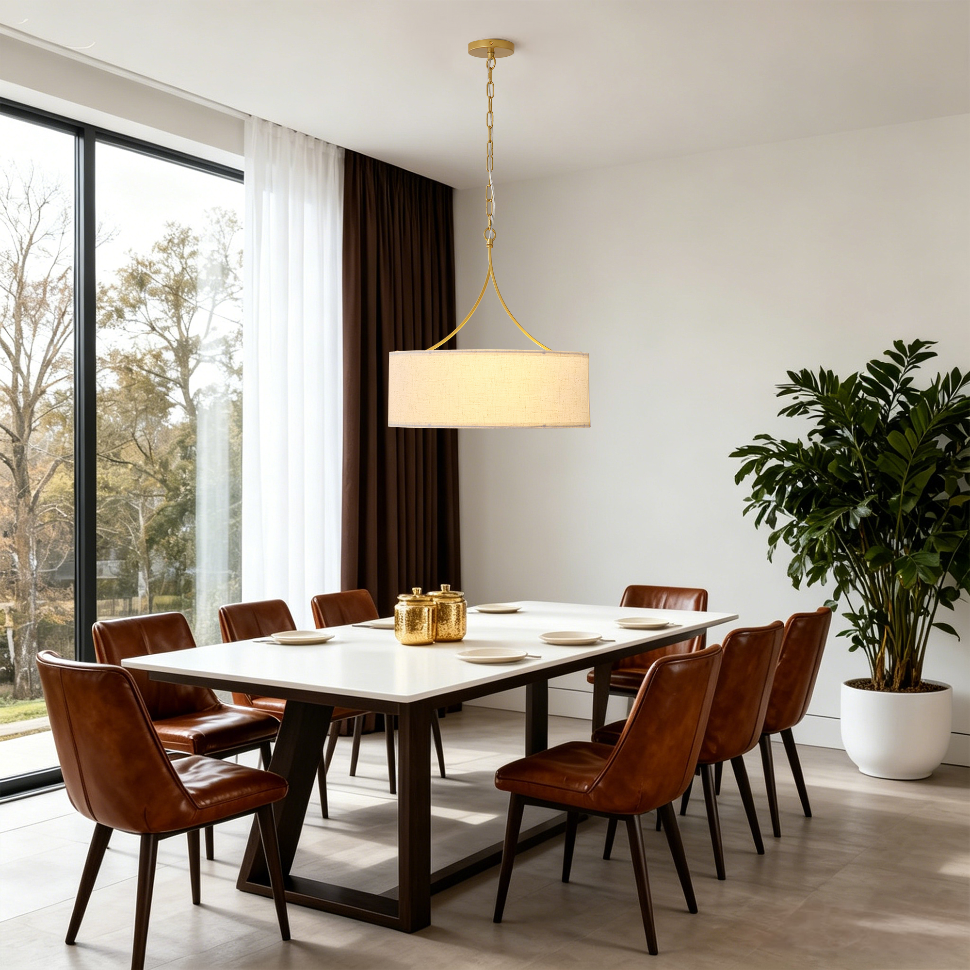 3-Light Gold Fabric Drum Pendant Light, Transitional Farmhouse Dining Room Chandelier Over Table, Adjustable Height Ceiling Light Fixture for Kitchen Island Living Room Entryway - Image 5