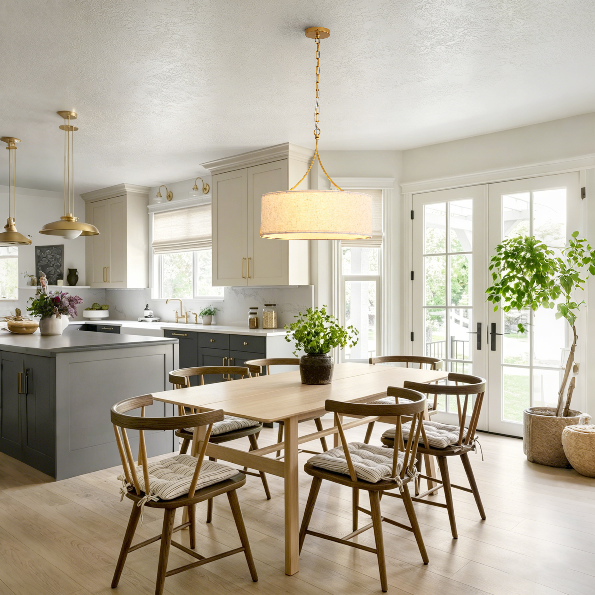 3-Light Gold Fabric Drum Pendant Light, Transitional Farmhouse Dining Room Chandelier Over Table, Adjustable Height Ceiling Light Fixture for Kitchen Island Living Room Entryway - Image 6