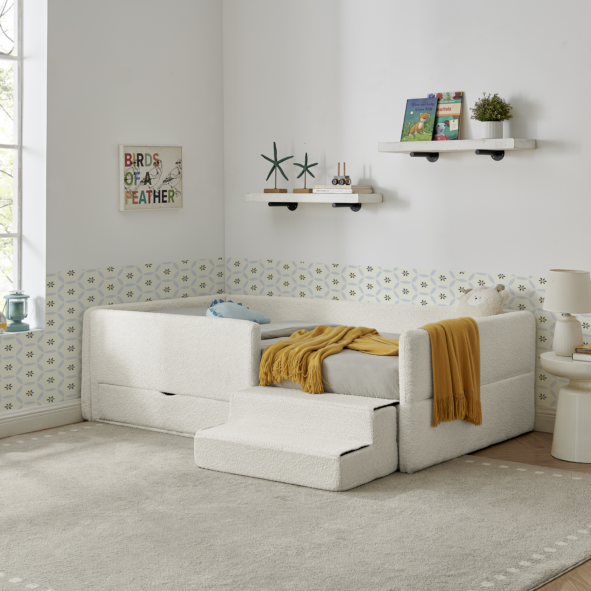 Twin Size Safe Cozy Multi-Functional Kids Bed with Guardrails and Storage, Bed with Safety Step Stool, Boucle Fabric (80.5''x44.5''x23'') - Image 2