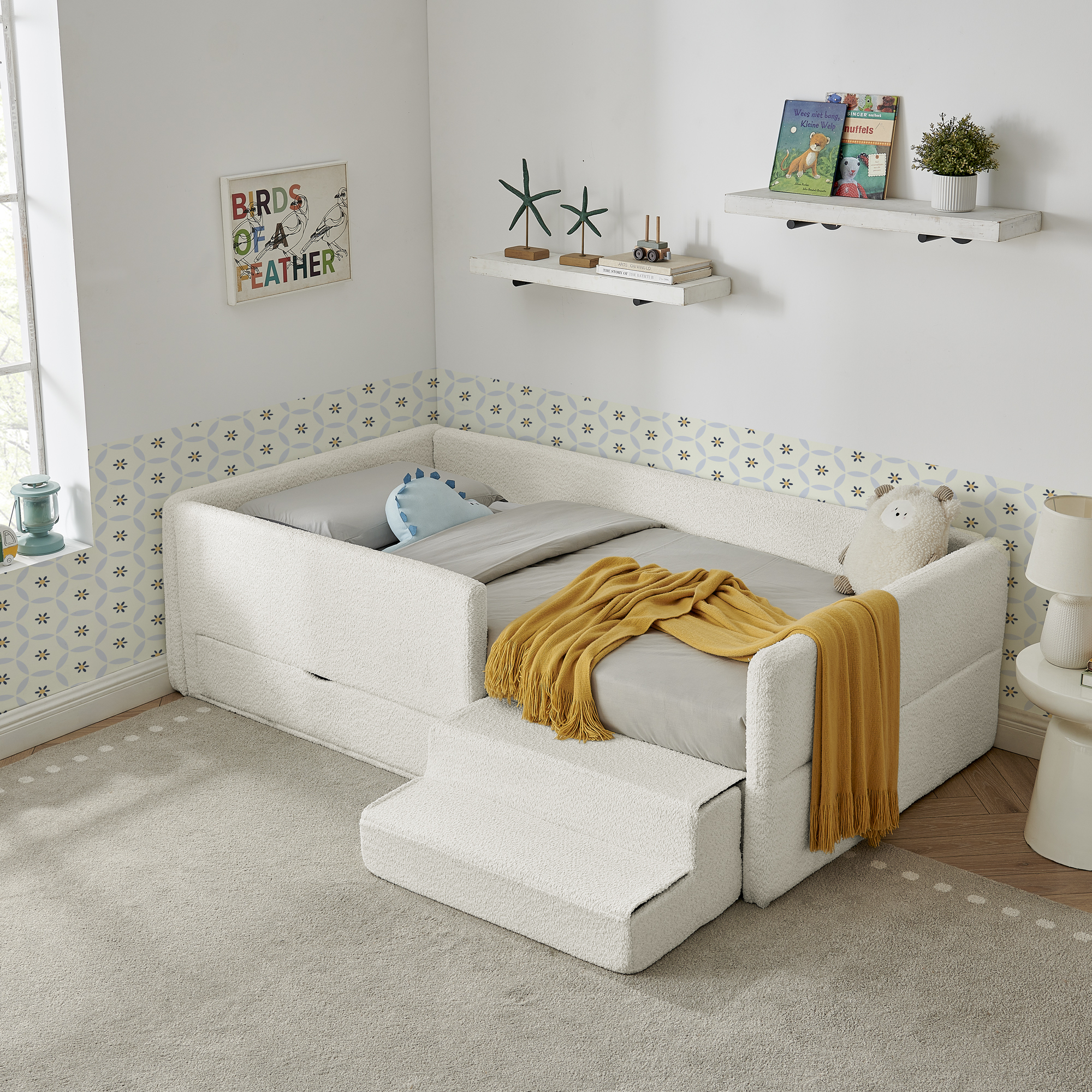 Twin Size Safe Cozy Multi-Functional Kids Bed with Guardrails and Storage, Bed with Safety Step Stool, Boucle Fabric (80.5''x44.5''x23'') - Image 3