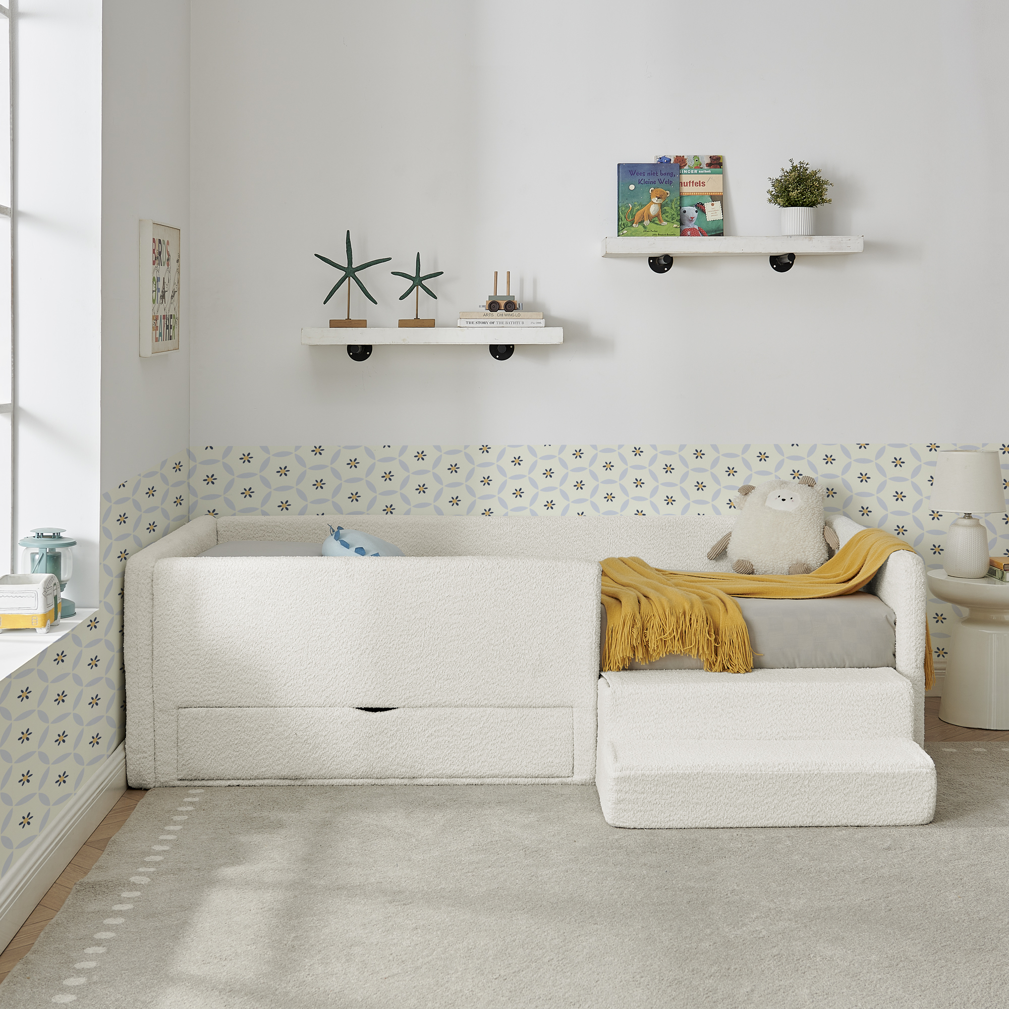 Twin Size Safe Cozy Multi-Functional Kids Bed with Guardrails and Storage, Bed with Safety Step Stool, Boucle Fabric (80.5''x44.5''x23'') - Image 4