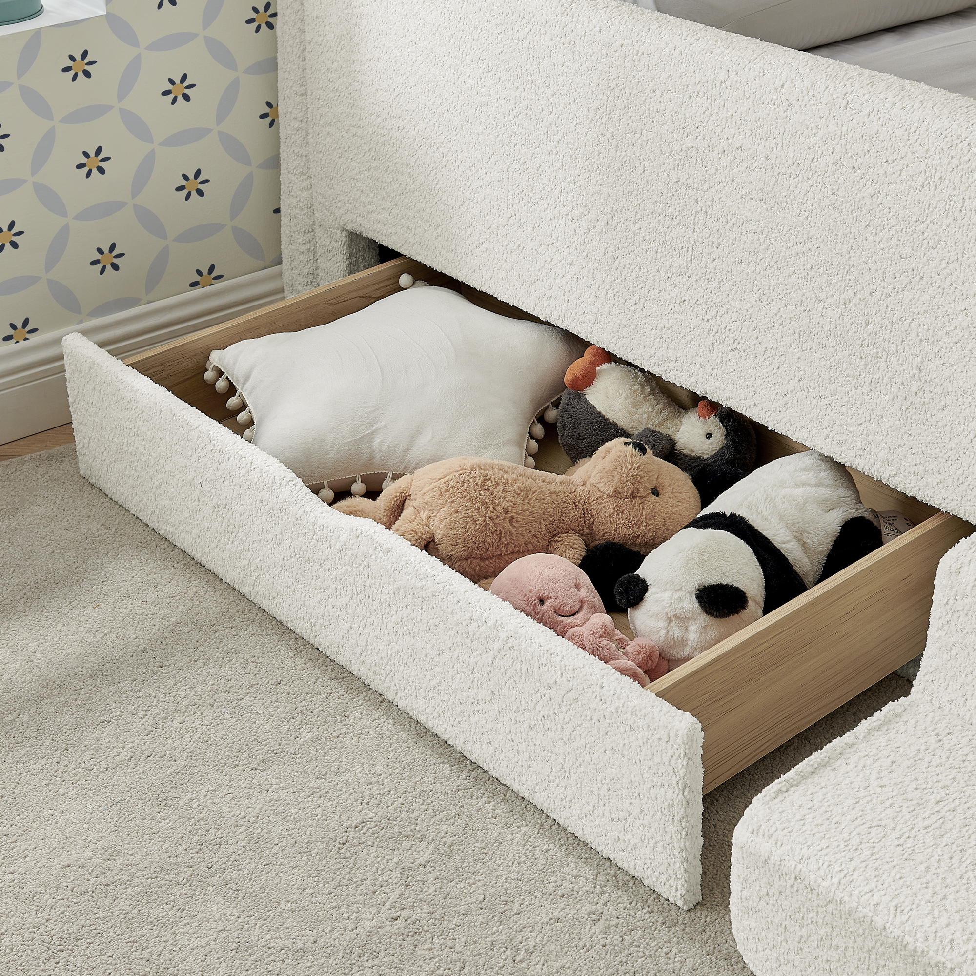 Twin Size Safe Cozy Multi-Functional Kids Bed with Guardrails and Storage, Bed with Safety Step Stool, Boucle Fabric (80.5''x44.5''x23'') - Image 6
