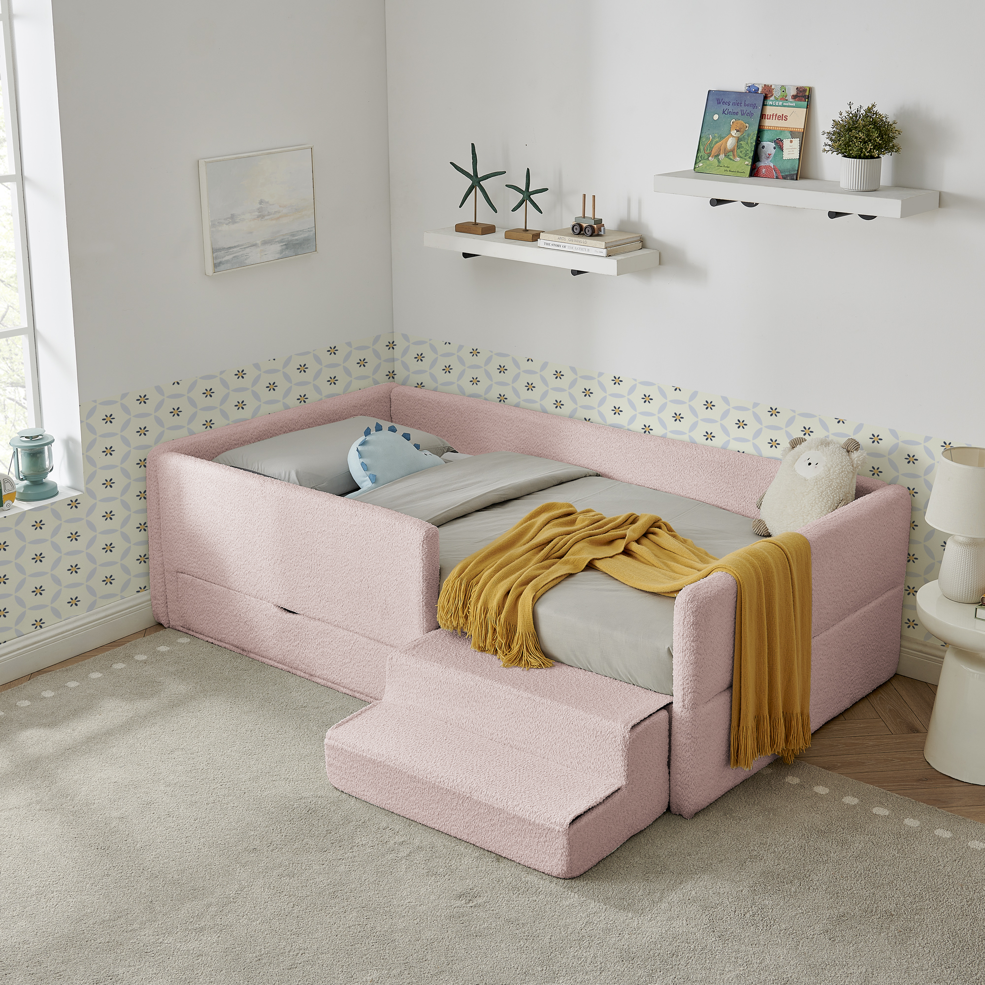 Twin Size Safe Cozy Multi-Functional Kids Bed with Guardrails and Storage, Bed with Safety Step Stool, Boucle Fabric (80.5''x44.5''x23'') - Image 2