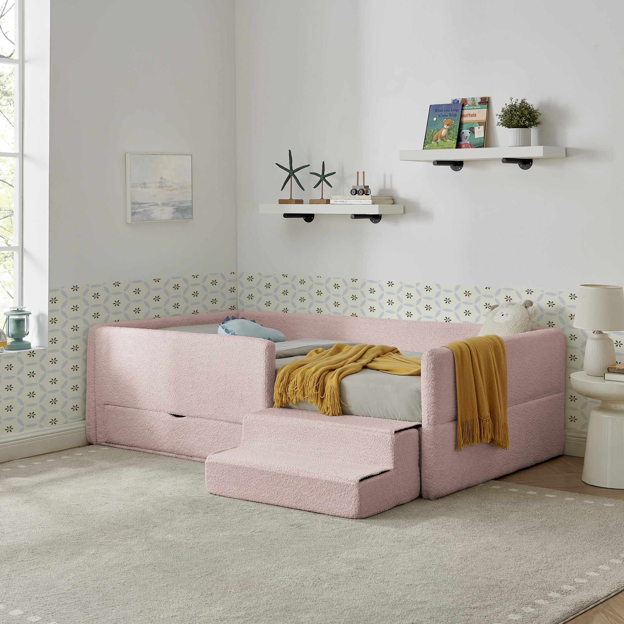 Twin Size Safe Cozy Multi-Functional Kids Bed with Guardrails and Storage, Bed with Safety Step Stool, Boucle Fabric (80.5''x44.5''x23'') - Image 3