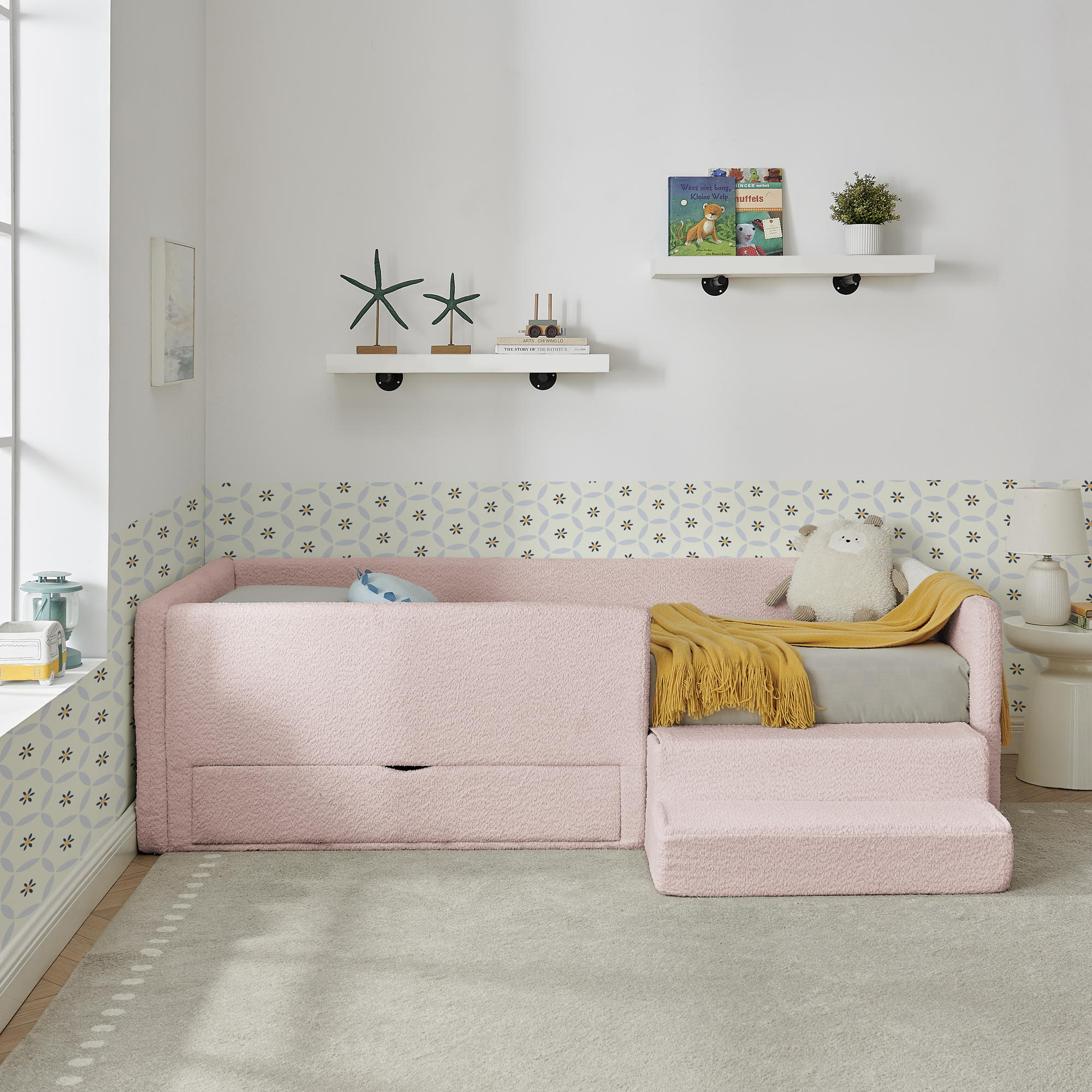 Twin Size Safe Cozy Multi-Functional Kids Bed with Guardrails and Storage, Bed with Safety Step Stool, Boucle Fabric (80.5''x44.5''x23'') - Image 4