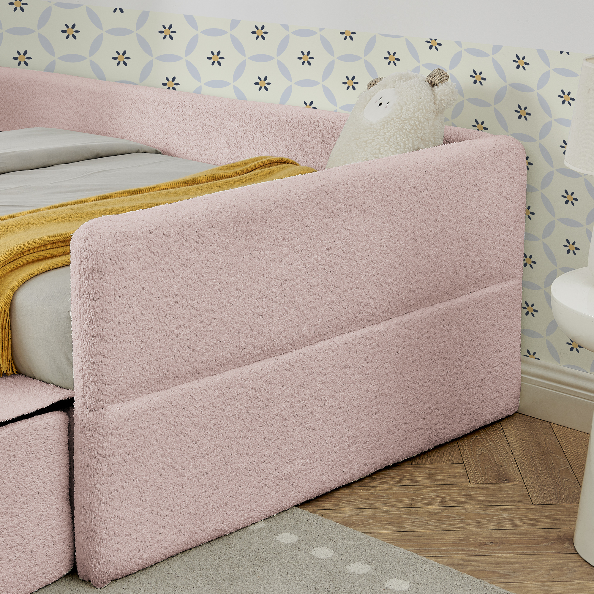 Twin Size Safe Cozy Multi-Functional Kids Bed with Guardrails and Storage, Bed with Safety Step Stool, Boucle Fabric (80.5''x44.5''x23'') - Image 5