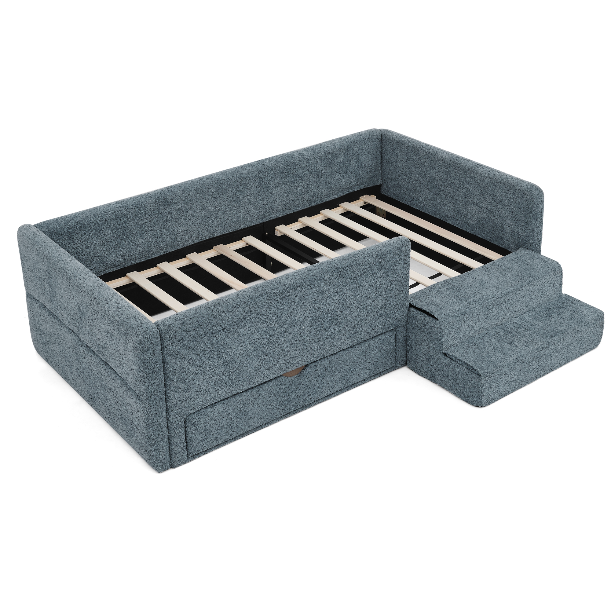 Twin Size Safe Cozy Multi-Functional Kids Bed with Guardrails and Storage, Bed with Safety Step Stool, Boucle Fabric (80.5''x44.5''x23'') - Image 2