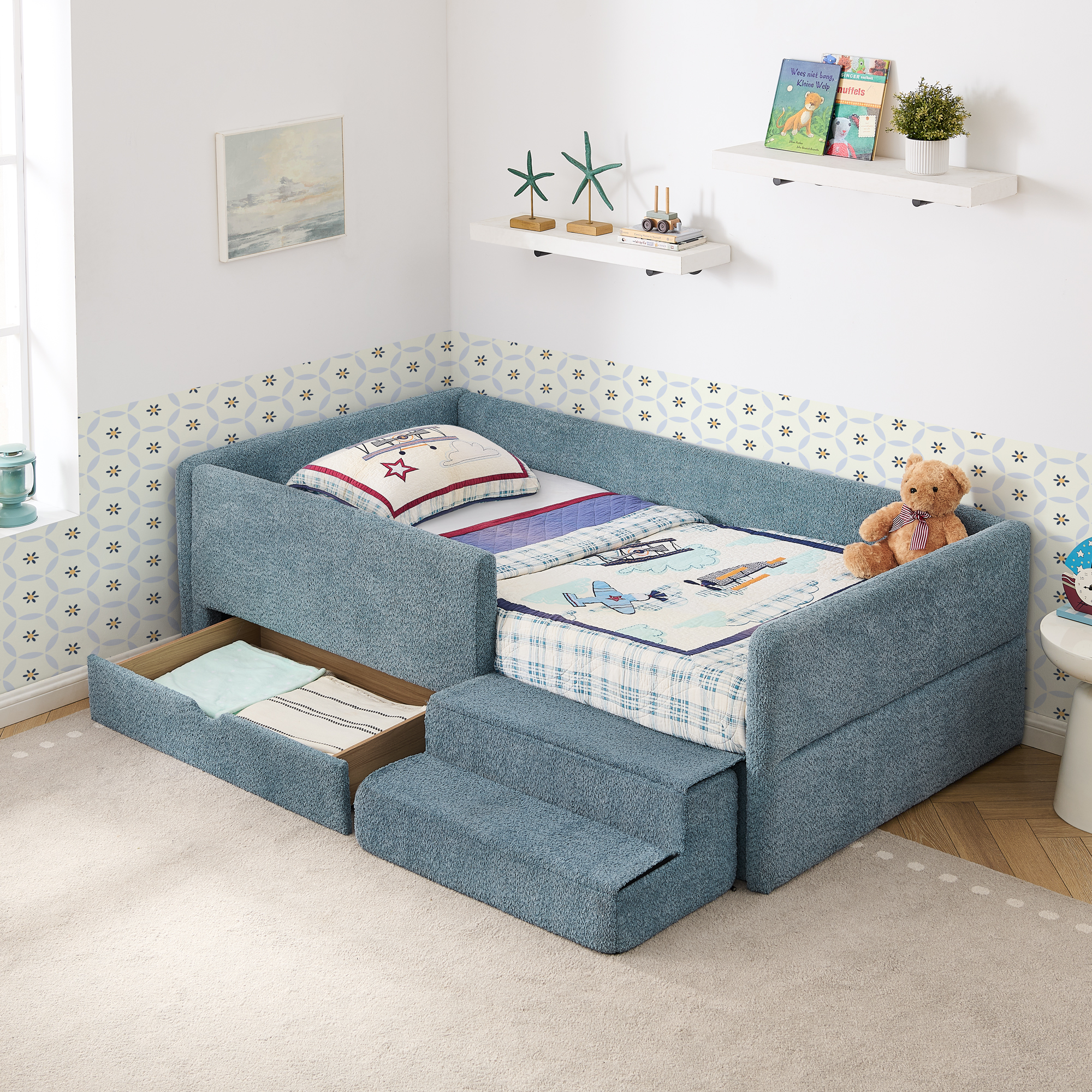 Twin Size Safe Cozy Multi-Functional Kids Bed with Guardrails and Storage, Bed with Safety Step Stool, Boucle Fabric (80.5''x44.5''x23'') - Image 3