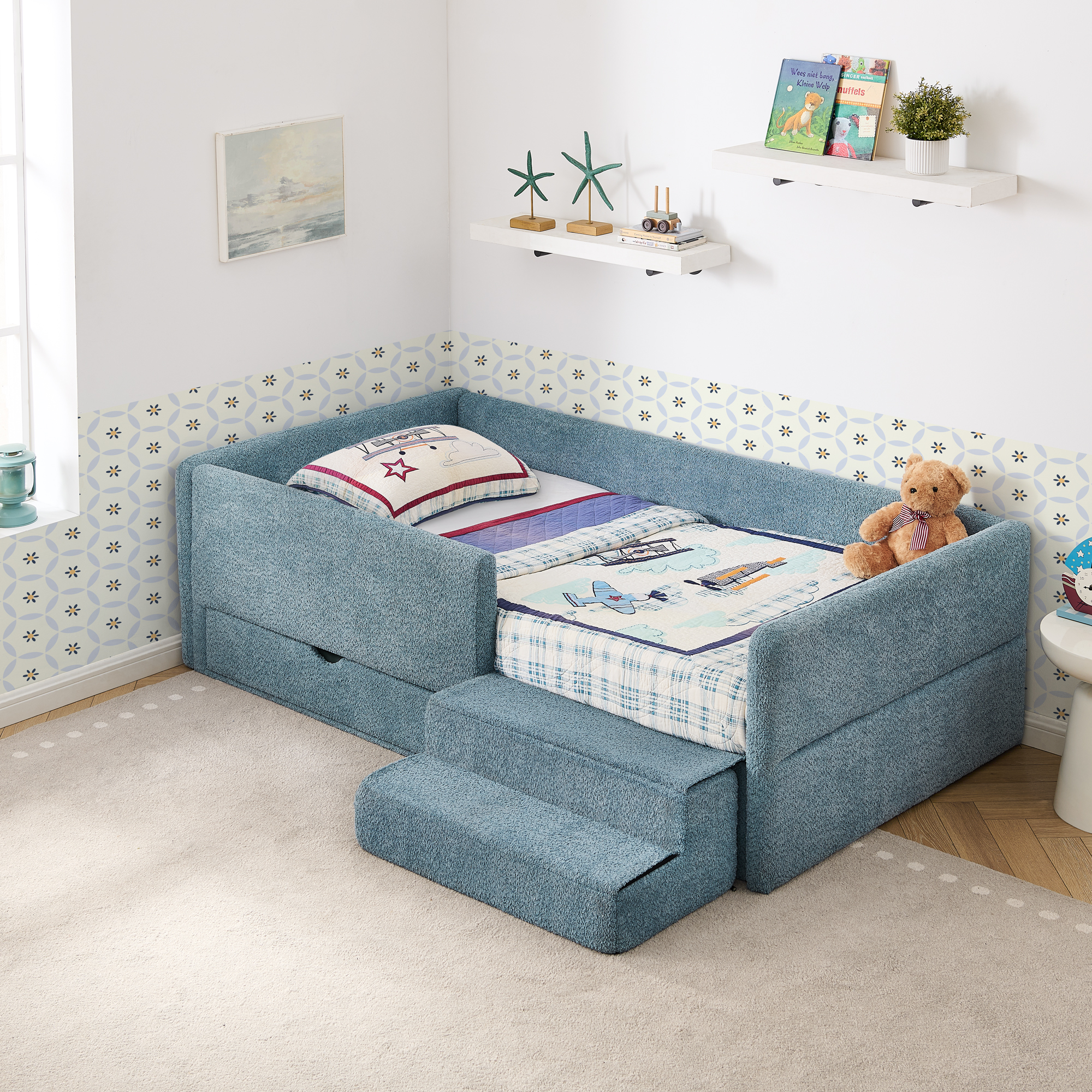 Twin Size Safe Cozy Multi-Functional Kids Bed with Guardrails and Storage, Bed with Safety Step Stool, Boucle Fabric (80.5''x44.5''x23'') - Image 4