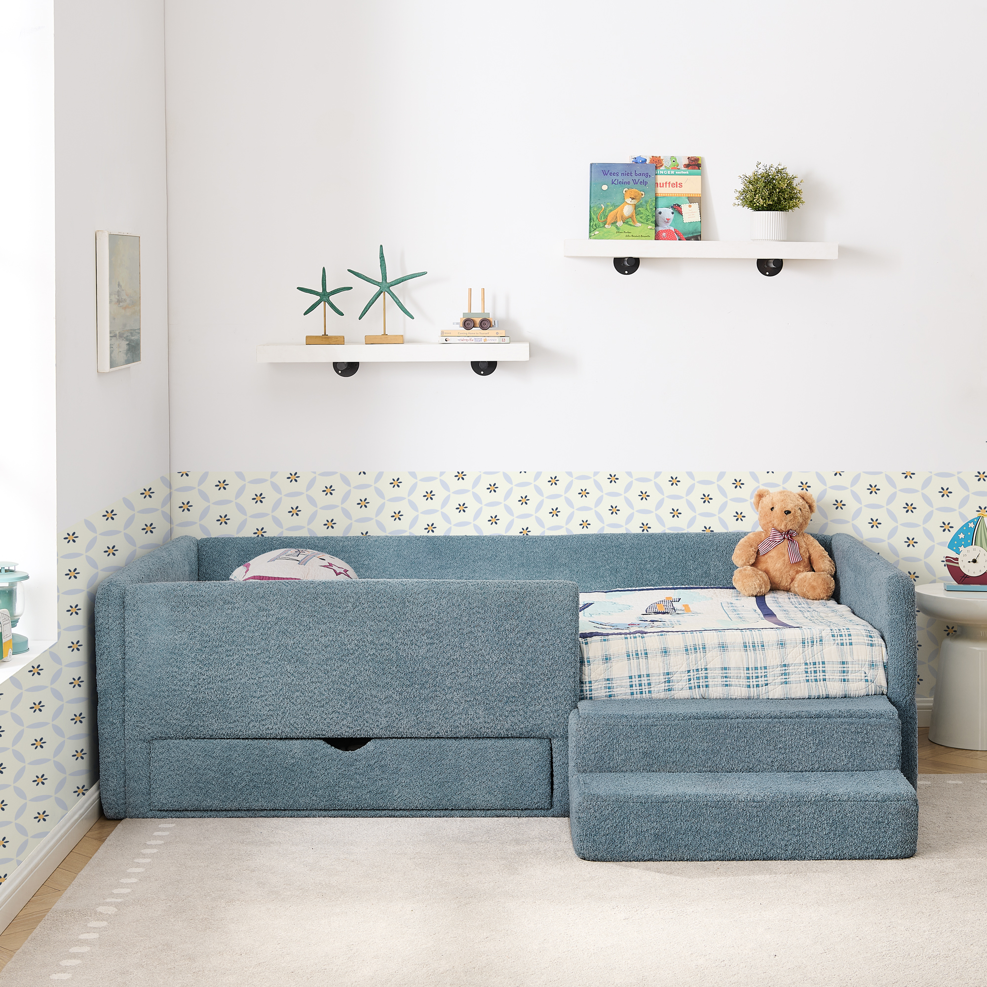 Twin Size Safe Cozy Multi-Functional Kids Bed with Guardrails and Storage, Bed with Safety Step Stool, Boucle Fabric (80.5''x44.5''x23'') - Image 5