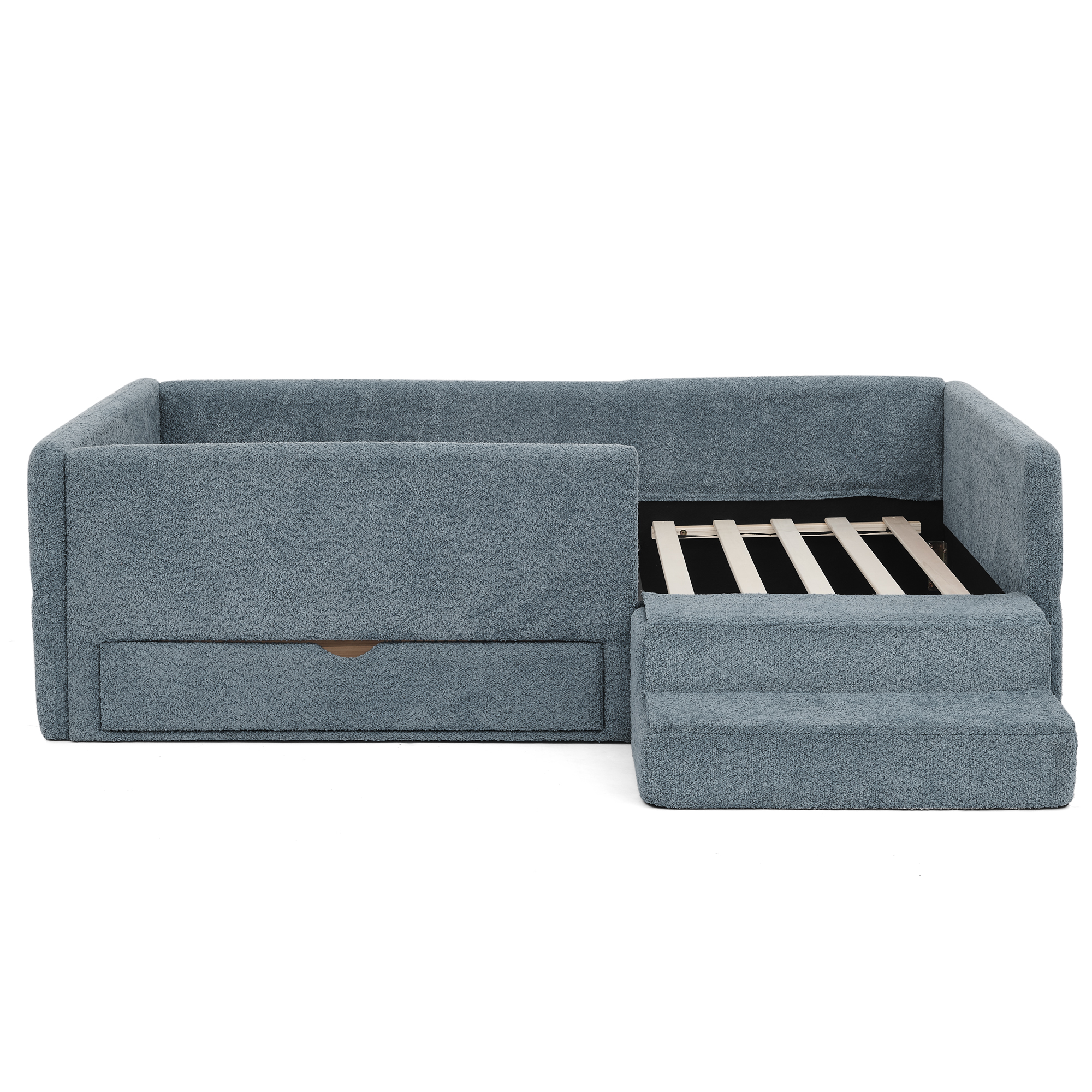 Twin Size Safe Cozy Multi-Functional Kids Bed with Guardrails and Storage, Bed with Safety Step Stool, Boucle Fabric (80.5''x44.5''x23'') - Image 6