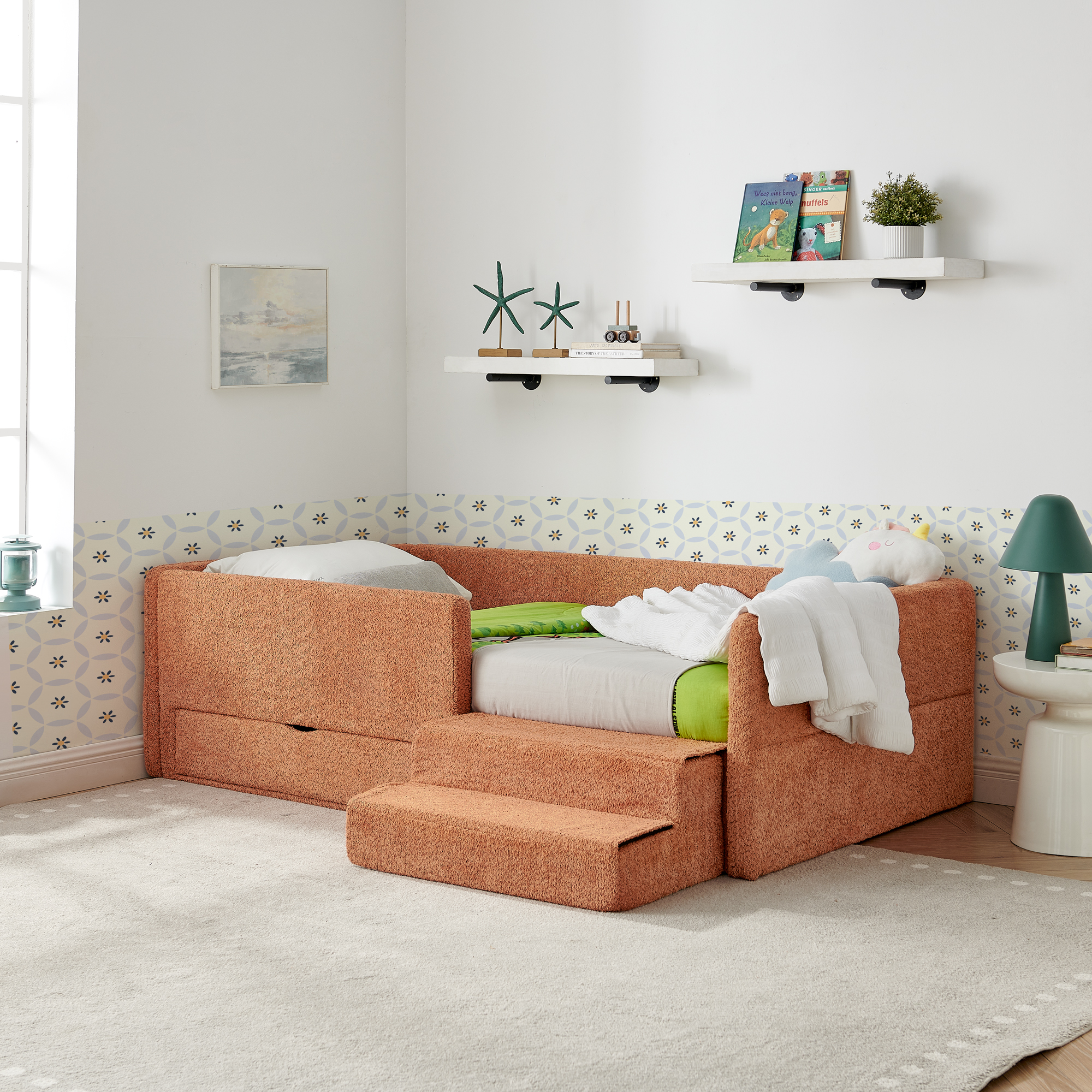 Twin Size Safe Cozy Multi-Functional Kids Bed with Guardrails and Storage, Bed with Safety Step Stool, Boucle Fabric (80.5''x44.5''x23'') - Image 2