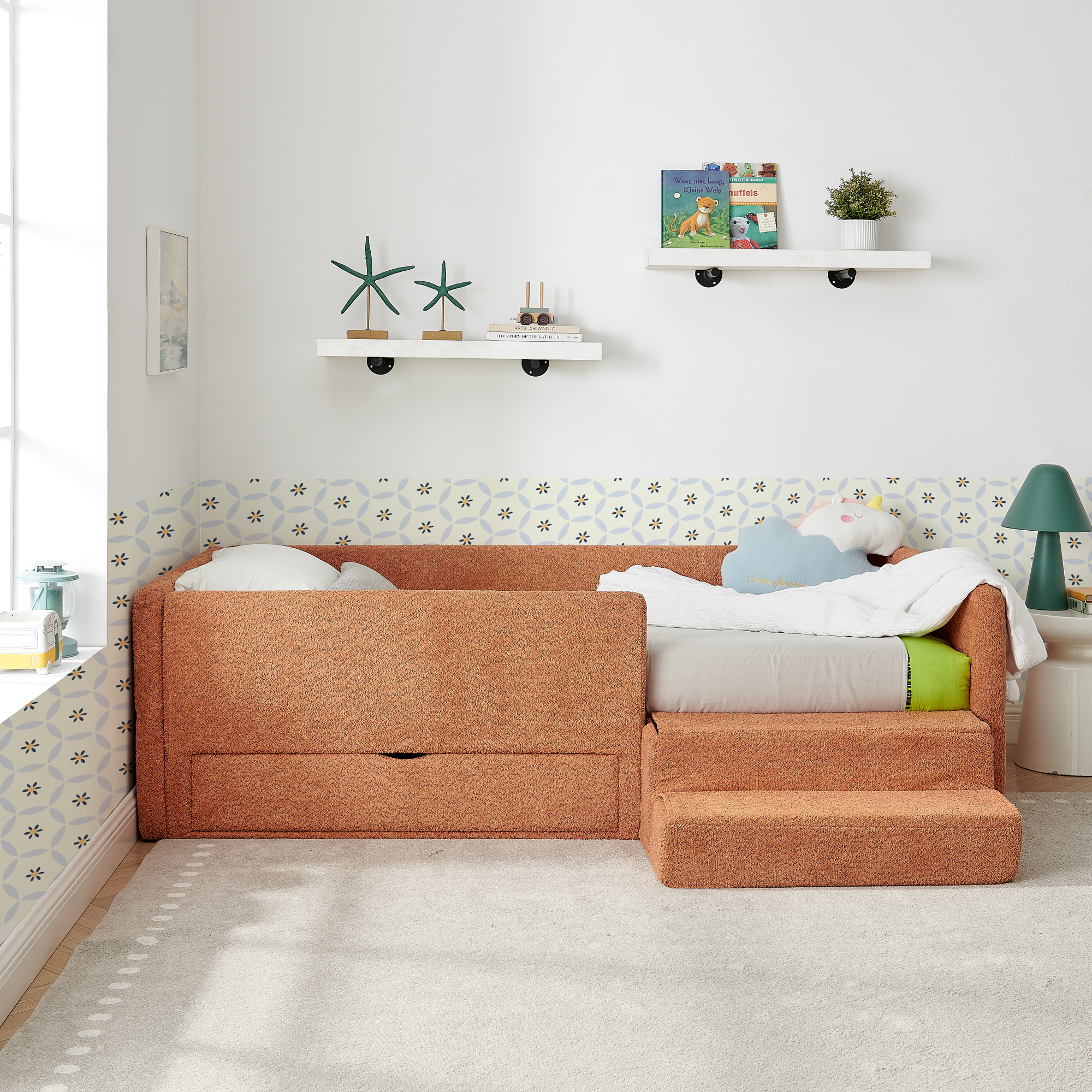 Twin Size Safe Cozy Multi-Functional Kids Bed with Guardrails and Storage, Bed with Safety Step Stool, Boucle Fabric (80.5''x44.5''x23'') - Image 3