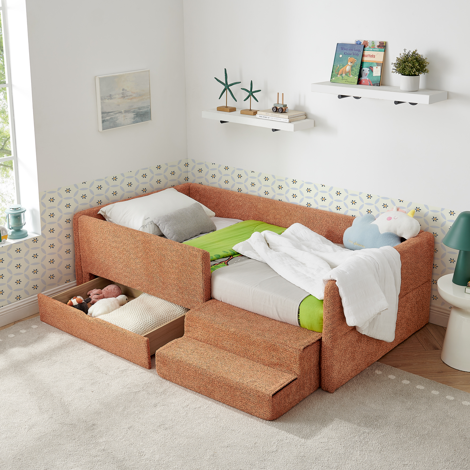 Twin Size Safe Cozy Multi-Functional Kids Bed with Guardrails and Storage, Bed with Safety Step Stool, Boucle Fabric (80.5''x44.5''x23'') - Image 4
