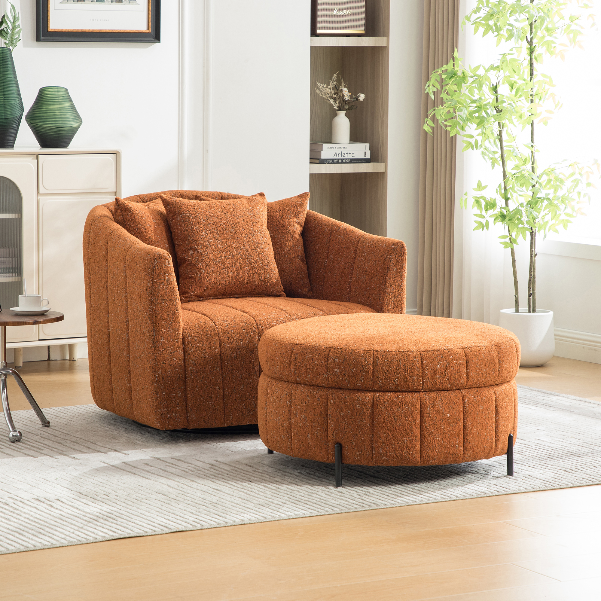 39"W Oversized 360° Swivel Accent Barrel Chair and Half Sofa with Round Ottoman Set, Chenille Channel Tufted Pumpkin Club Armchair 3 Pillows with Storage Stool for Living Room, Bedroom, Lounge, Orange - Image 3
