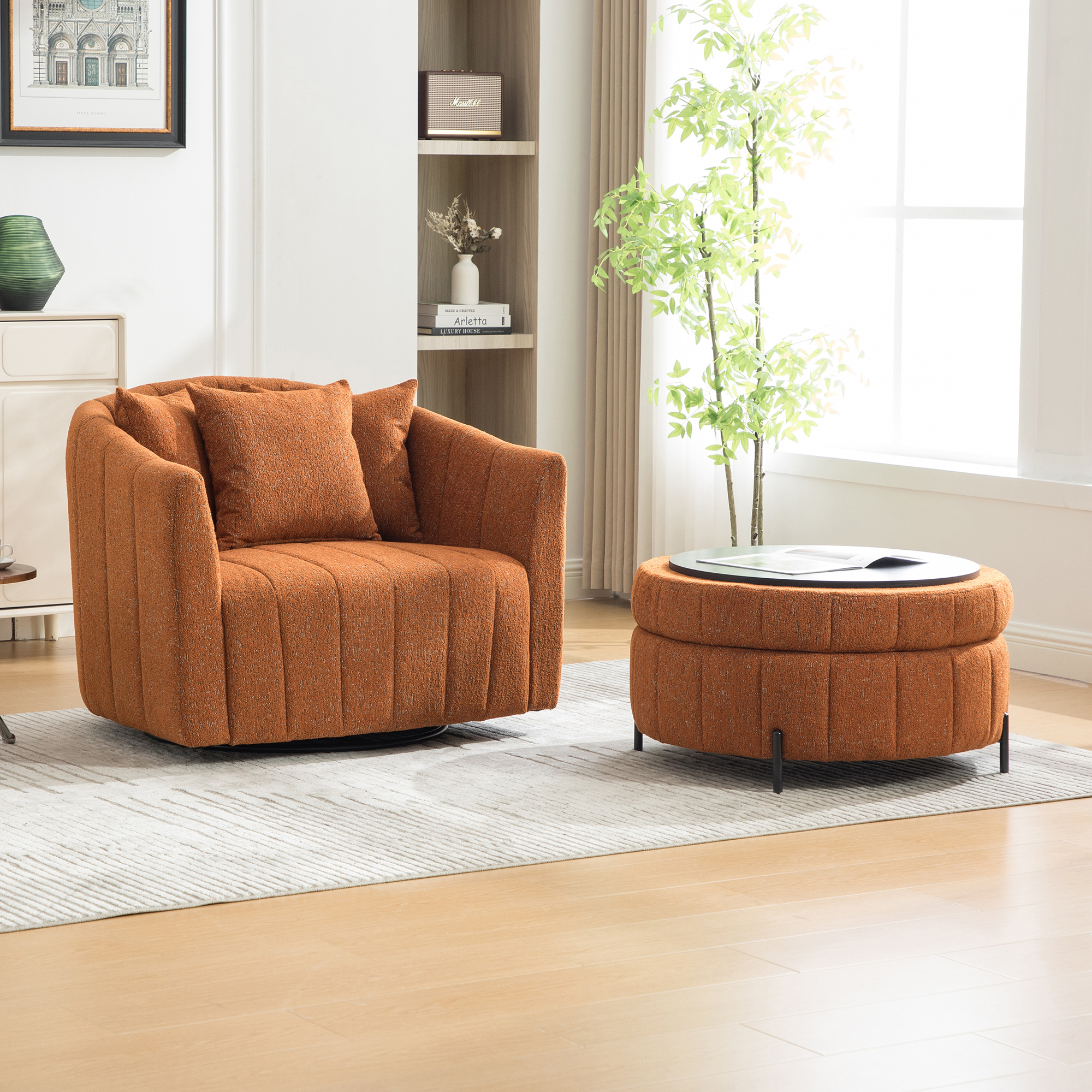 39"W Oversized 360° Swivel Accent Barrel Chair and Half Sofa with Round Ottoman Set, Chenille Channel Tufted Pumpkin Club Armchair 3 Pillows with Storage Stool for Living Room, Bedroom, Lounge, Orange - Image 4