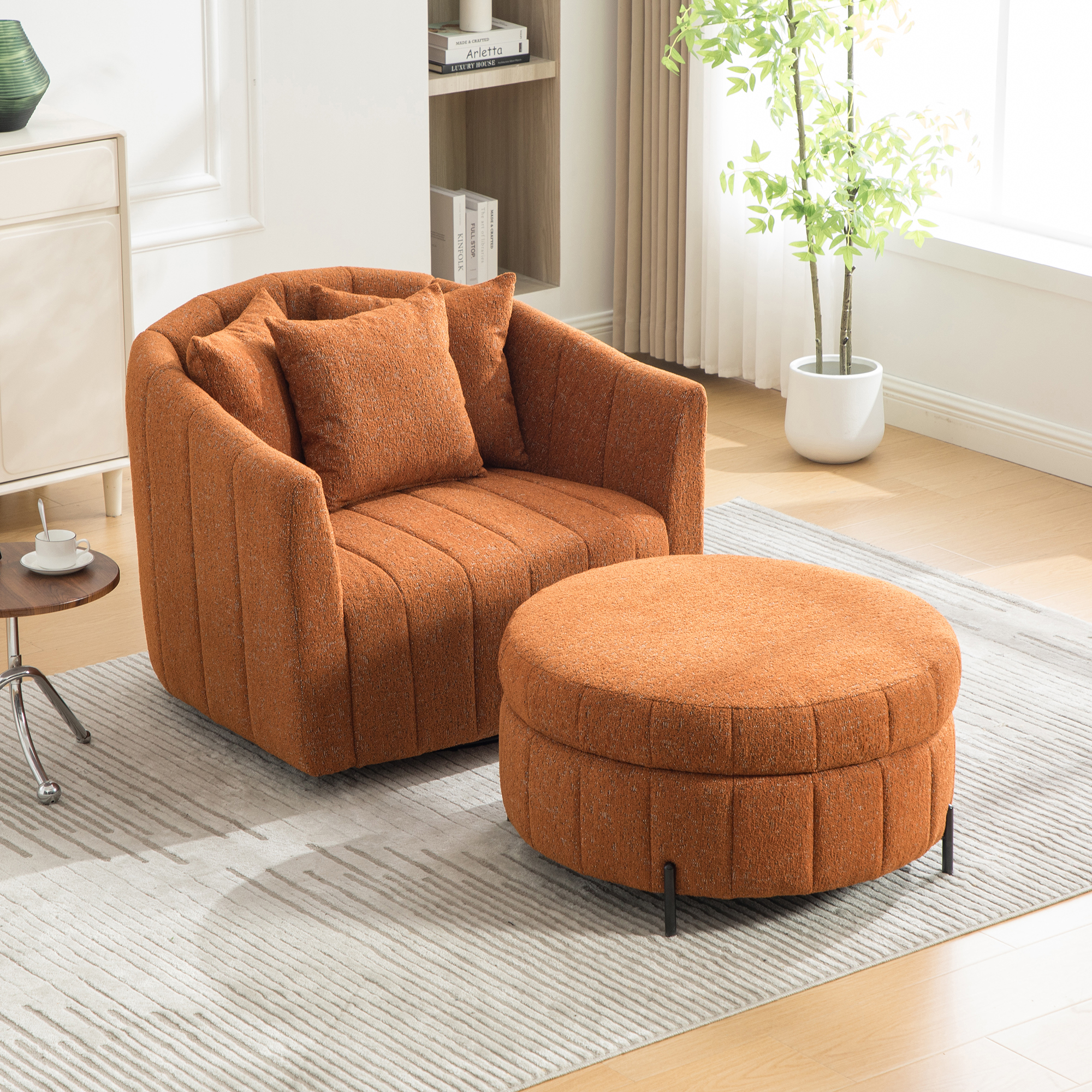 39"W Oversized 360° Swivel Accent Barrel Chair and Half Sofa with Round Ottoman Set, Chenille Channel Tufted Pumpkin Club Armchair 3 Pillows with Storage Stool for Living Room, Bedroom, Lounge, Orange - Image 5