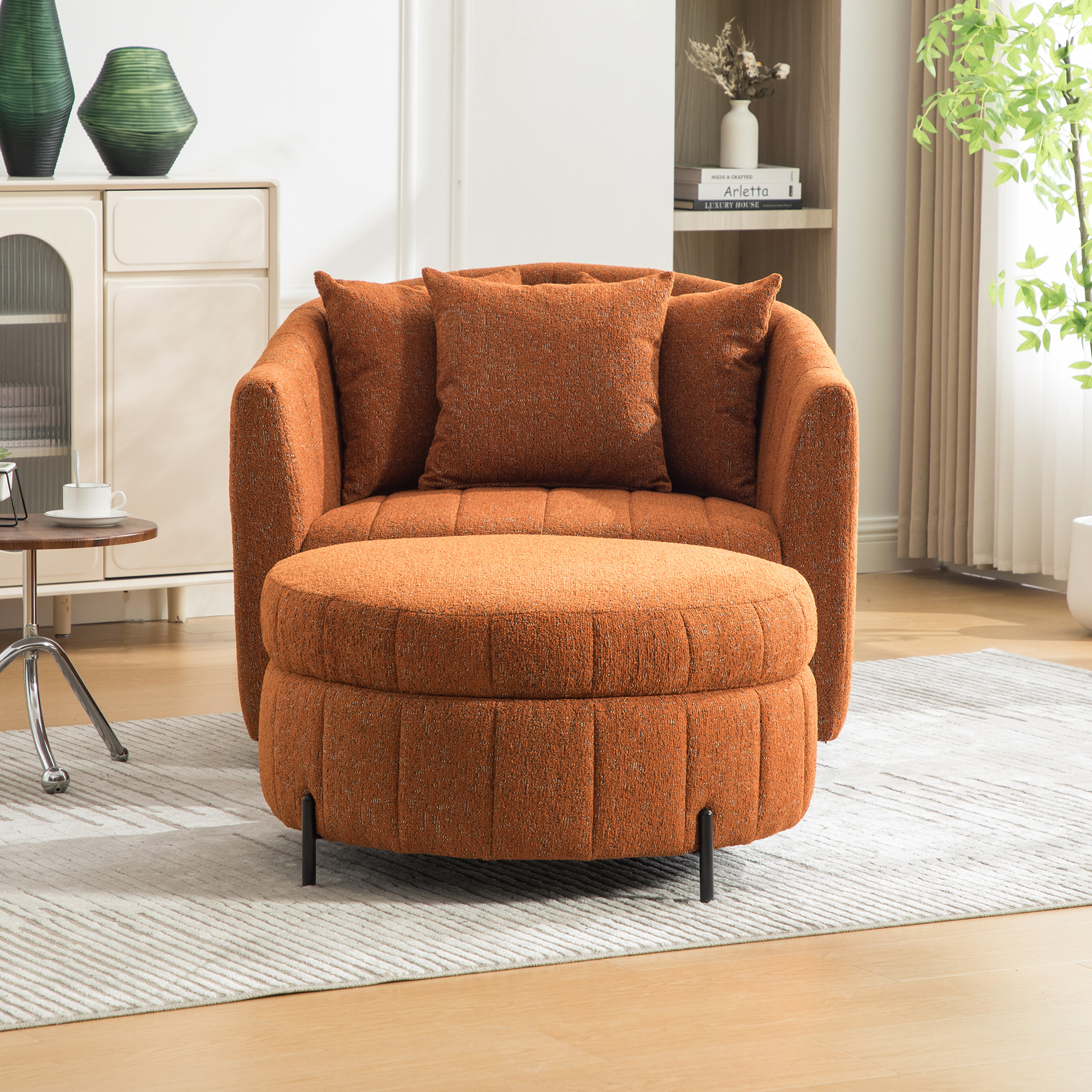 39"W Oversized 360° Swivel Accent Barrel Chair and Half Sofa with Round Ottoman Set, Chenille Channel Tufted Pumpkin Club Armchair 3 Pillows with Storage Stool for Living Room, Bedroom, Lounge, Orange - Image 6