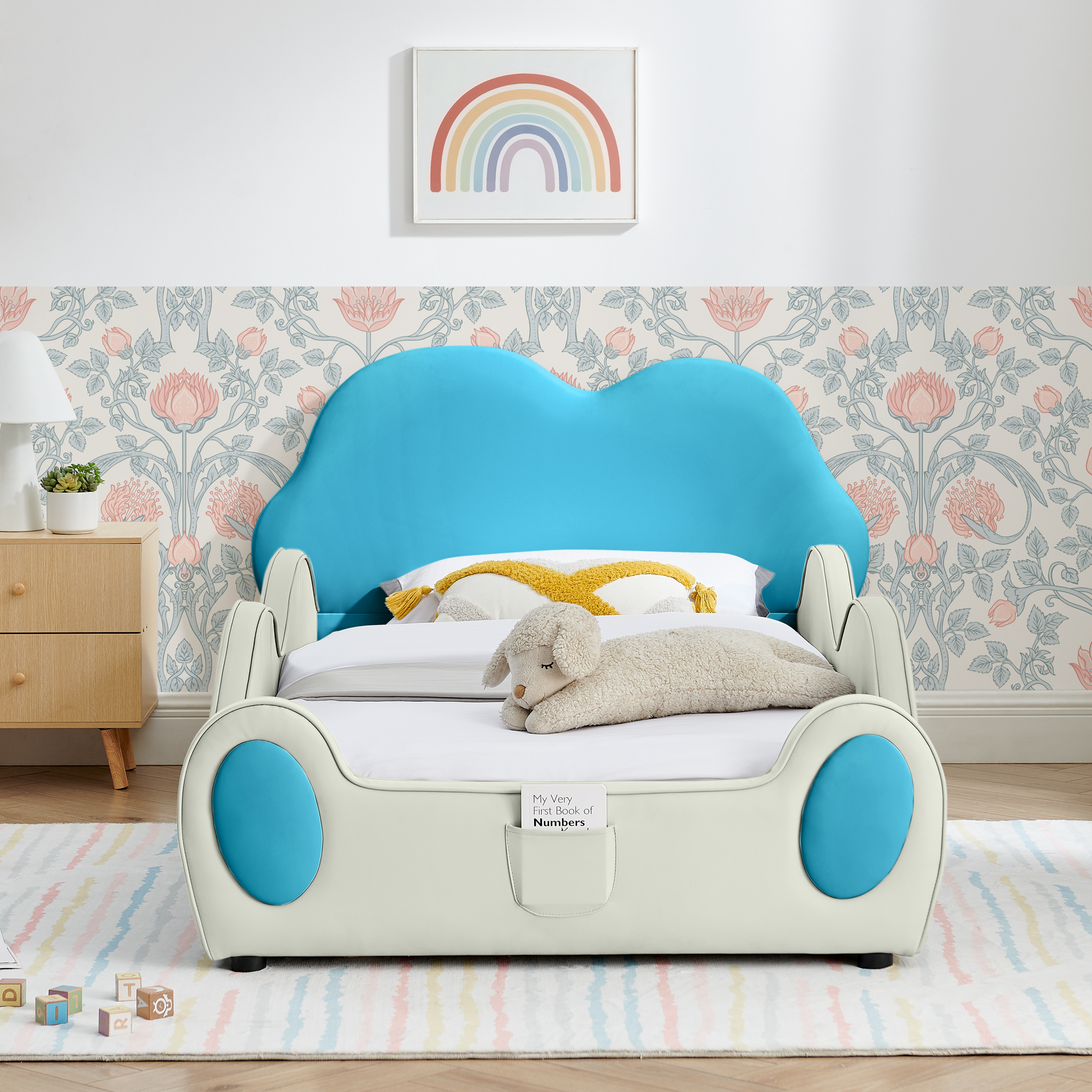Twin Size Cute Cloud Shape PU Leather Kids Bed with Guardrails, Safety Toddler Bed with Cartoon Blue&Beige Design and Storage Pocket - Image 1