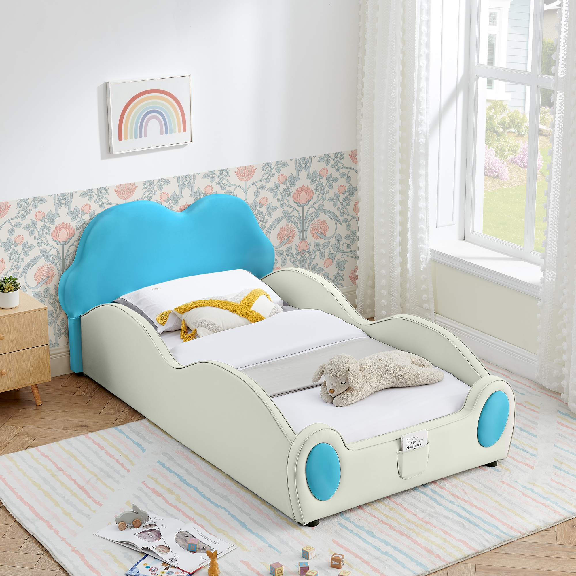 Twin Size Cute Cloud Shape PU Leather Kids Bed with Guardrails, Safety Toddler Bed with Cartoon Blue&Beige Design and Storage Pocket - Image 2