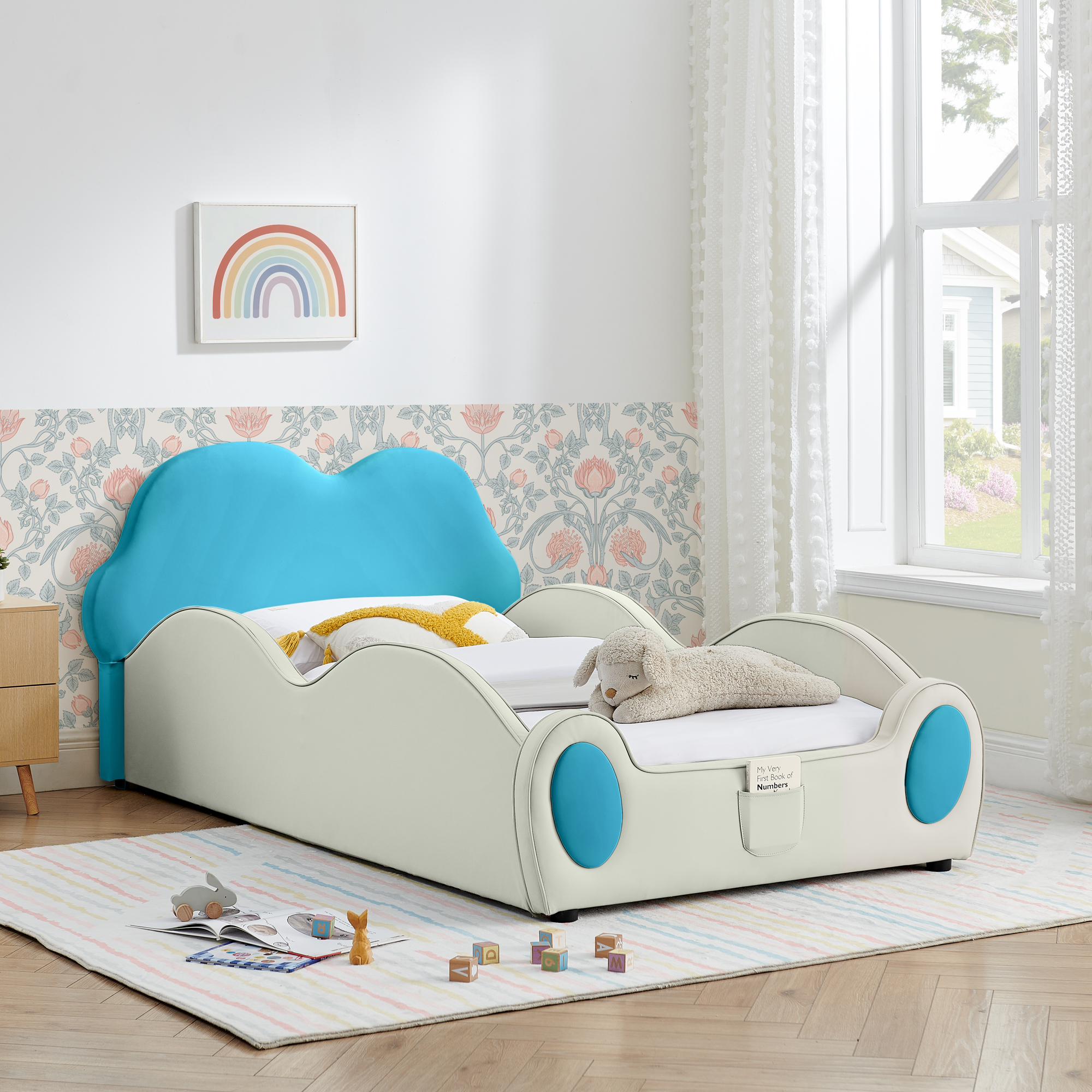 Twin Size Cute Cloud Shape PU Leather Kids Bed with Guardrails, Safety Toddler Bed with Cartoon Blue&Beige Design and Storage Pocket - Image 3