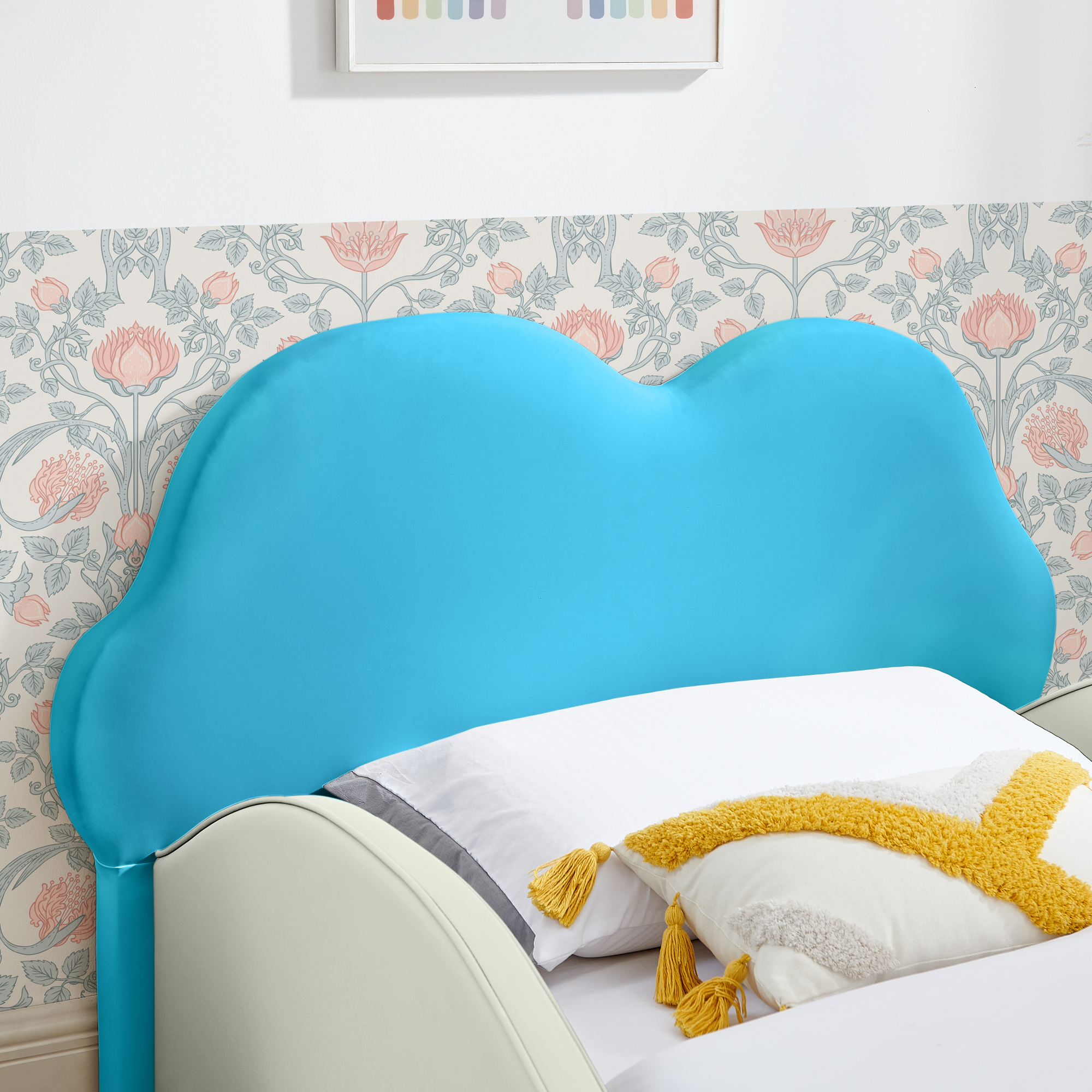 Twin Size Cute Cloud Shape PU Leather Kids Bed with Guardrails, Safety Toddler Bed with Cartoon Blue&Beige Design and Storage Pocket - Image 4