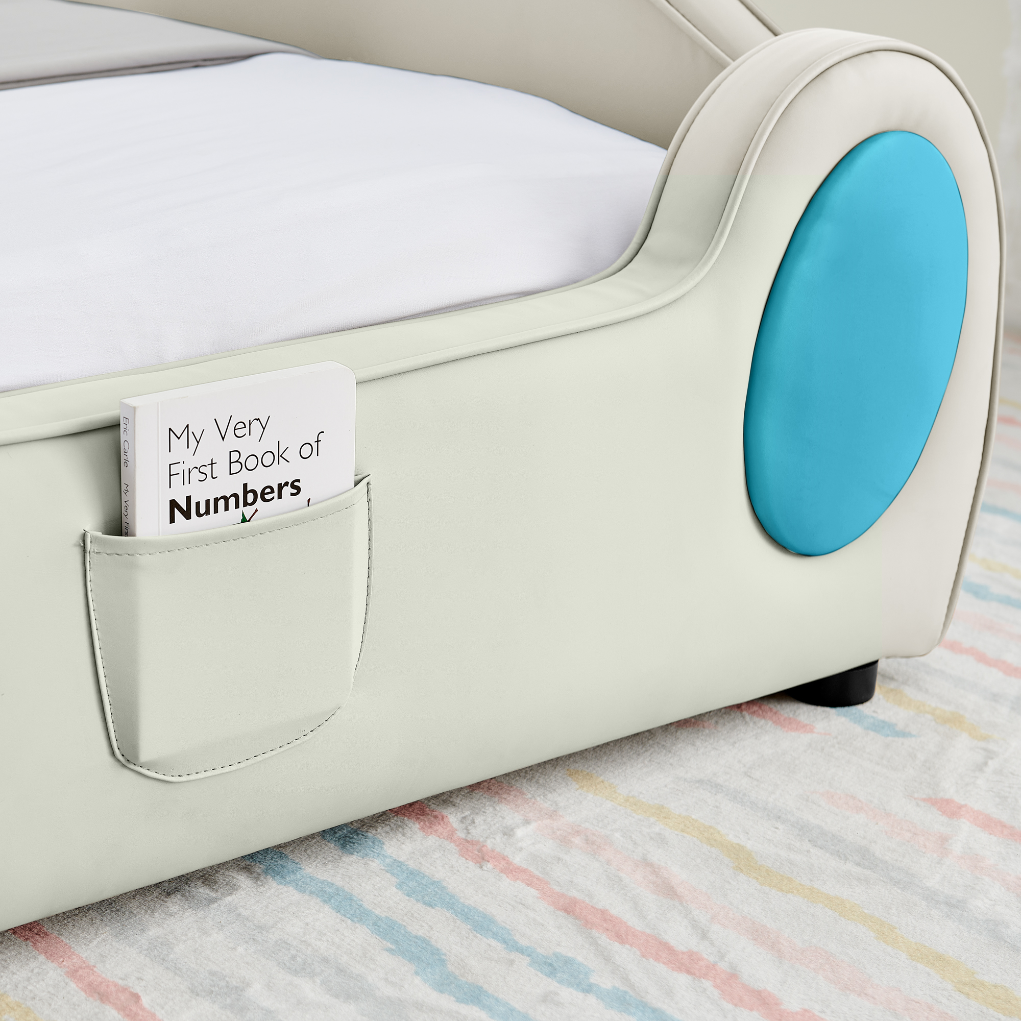 Twin Size Cute Cloud Shape PU Leather Kids Bed with Guardrails, Safety Toddler Bed with Cartoon Blue&Beige Design and Storage Pocket - Image 5