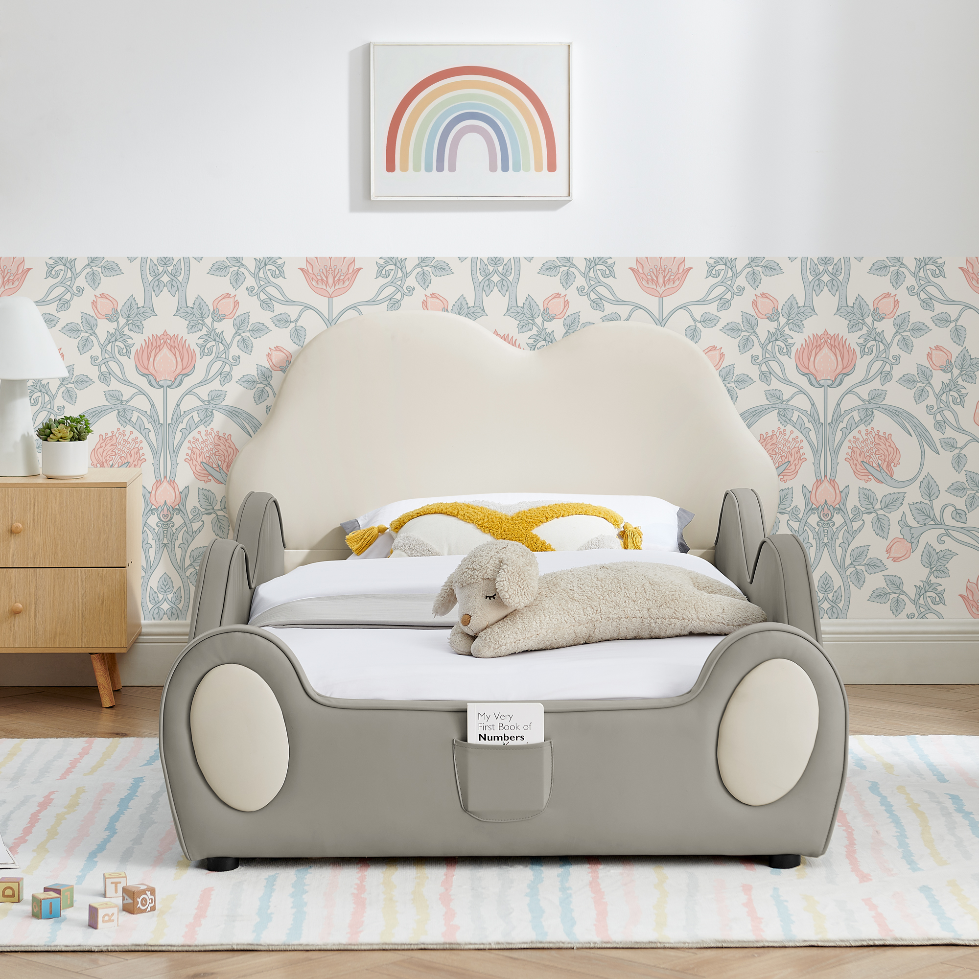 Twin Size Cute Cloud Shape PU Leather Kids Bed with Guardrails, Safety Toddler Bed with Cartoon Beige&Grey Design and Storage Pocket