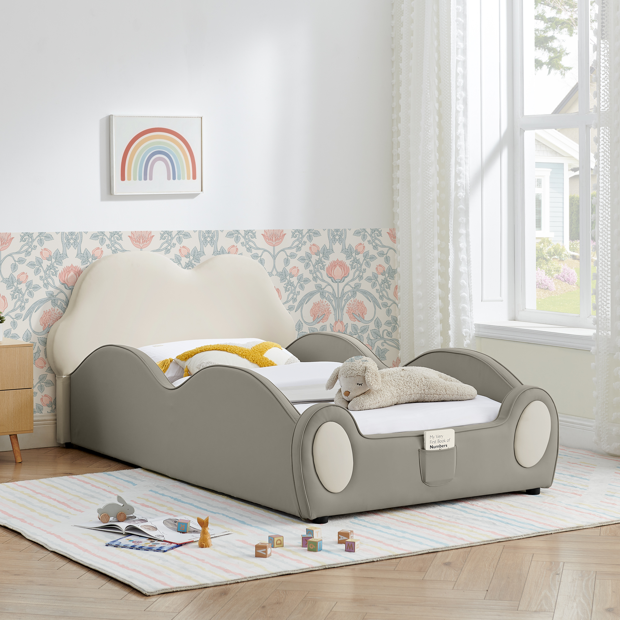 Twin Size Cute Cloud Shape PU Leather Kids Bed with Guardrails, Safety Toddler Bed with Cartoon Beige&Grey Design and Storage Pocket - Image 2