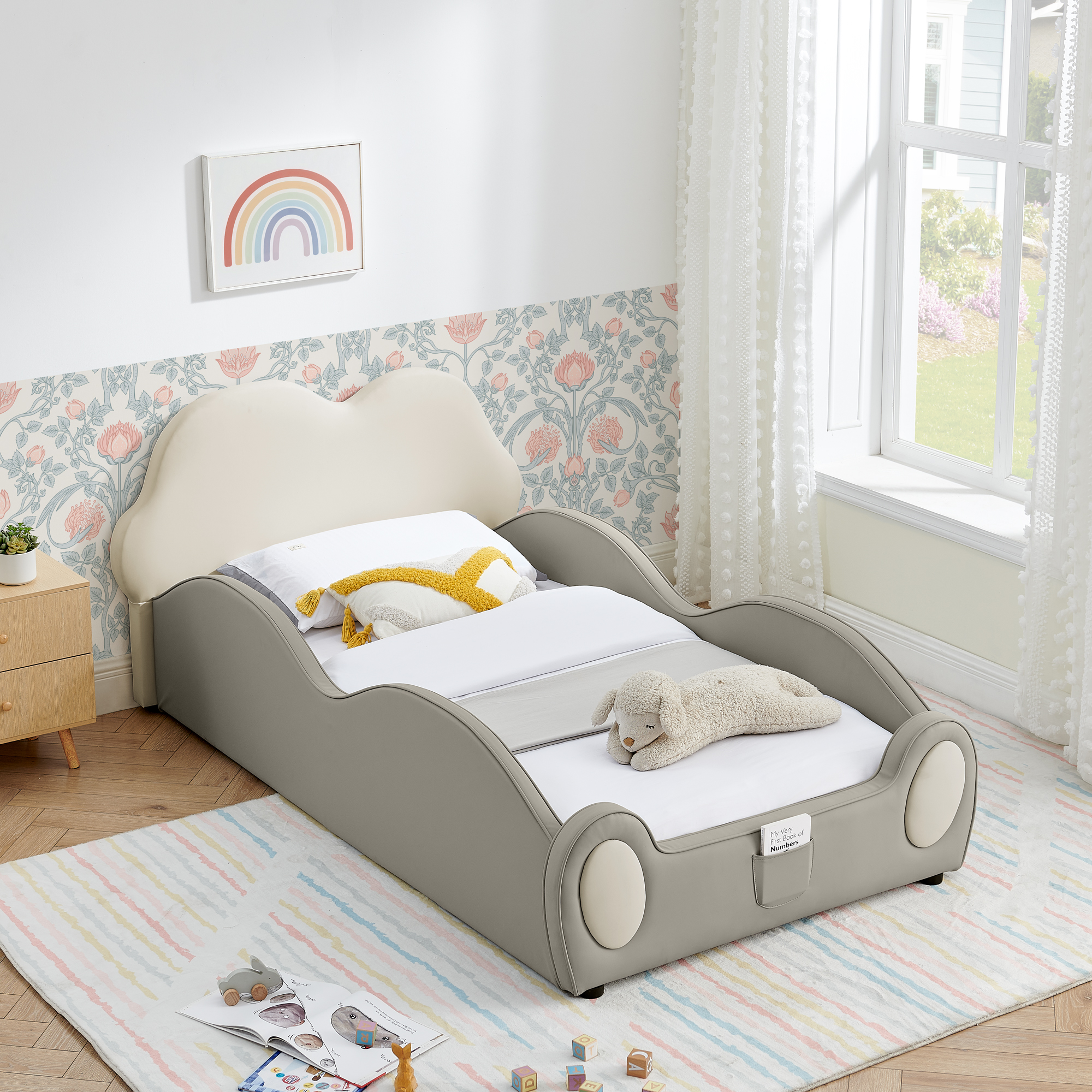 Twin Size Cute Cloud Shape PU Leather Kids Bed with Guardrails, Safety Toddler Bed with Cartoon Beige&Grey Design and Storage Pocket - Image 3