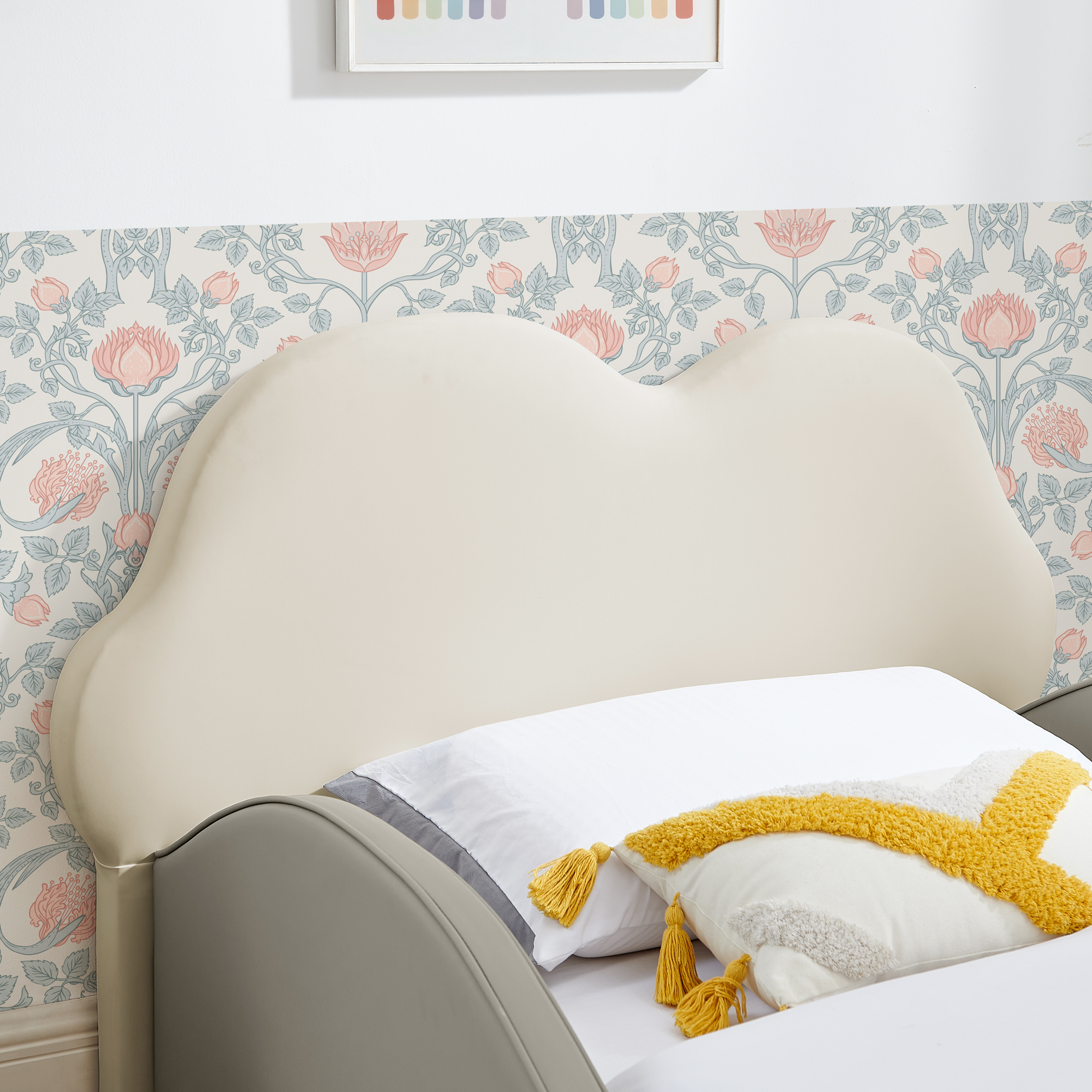 Twin Size Cute Cloud Shape PU Leather Kids Bed with Guardrails, Safety Toddler Bed with Cartoon Beige&Grey Design and Storage Pocket - Image 4