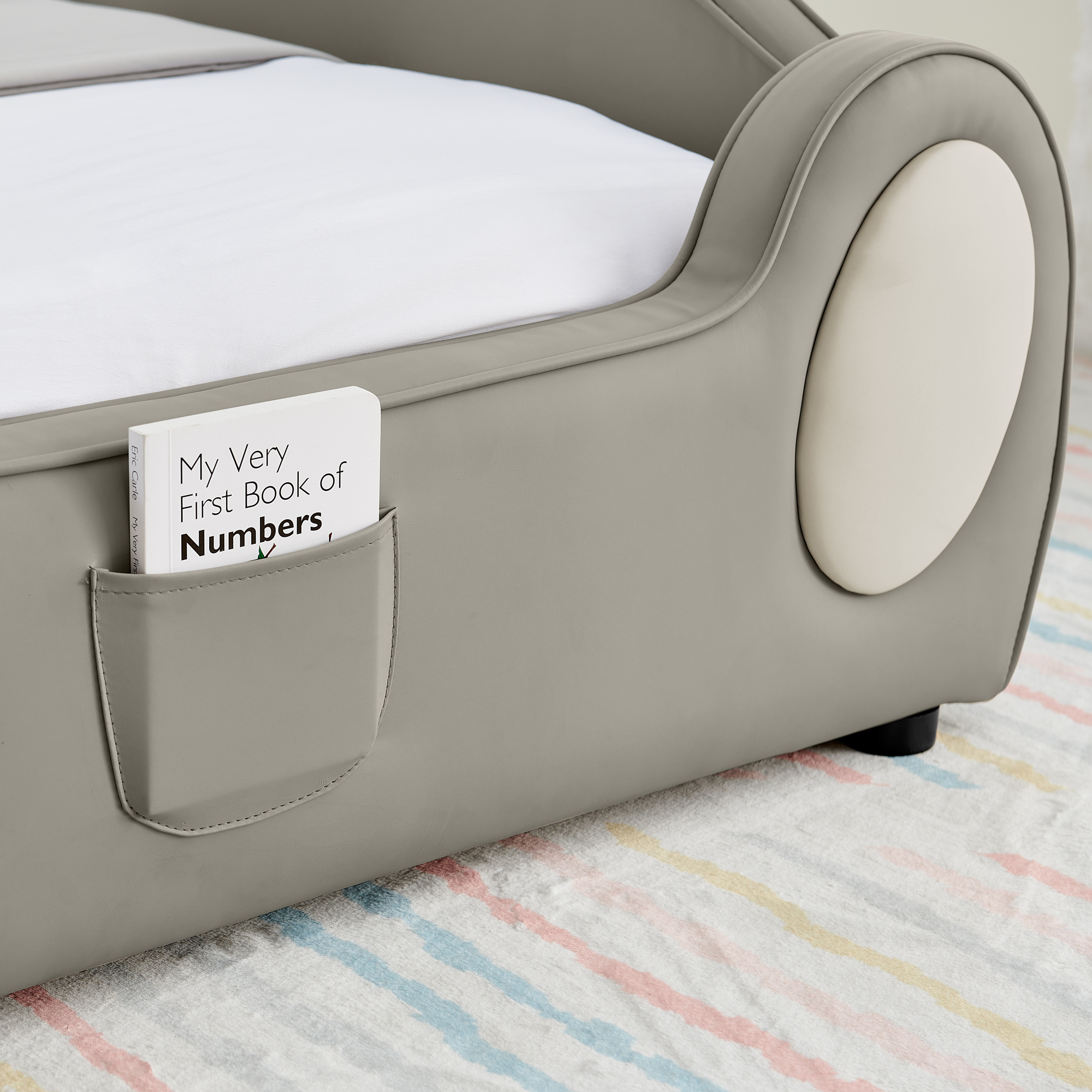 Twin Size Cute Cloud Shape PU Leather Kids Bed with Guardrails, Safety Toddler Bed with Cartoon Beige&Grey Design and Storage Pocket - Image 5