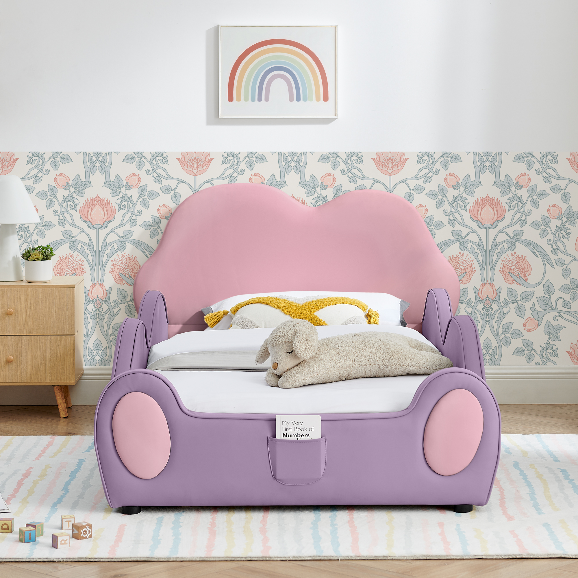 Twin Size Cute Cloud Shape PU Leather Kids Bed with Guardrails, Safety Toddler Bed with Cartoon Purple&Pink Design and Storage Pocket