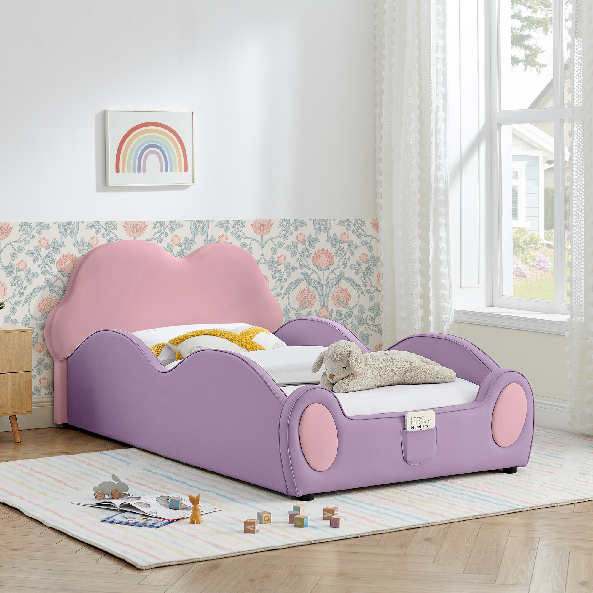 Twin Size Cute Cloud Shape PU Leather Kids Bed with Guardrails, Safety Toddler Bed with Cartoon Purple&Pink Design and Storage Pocket - Image 2