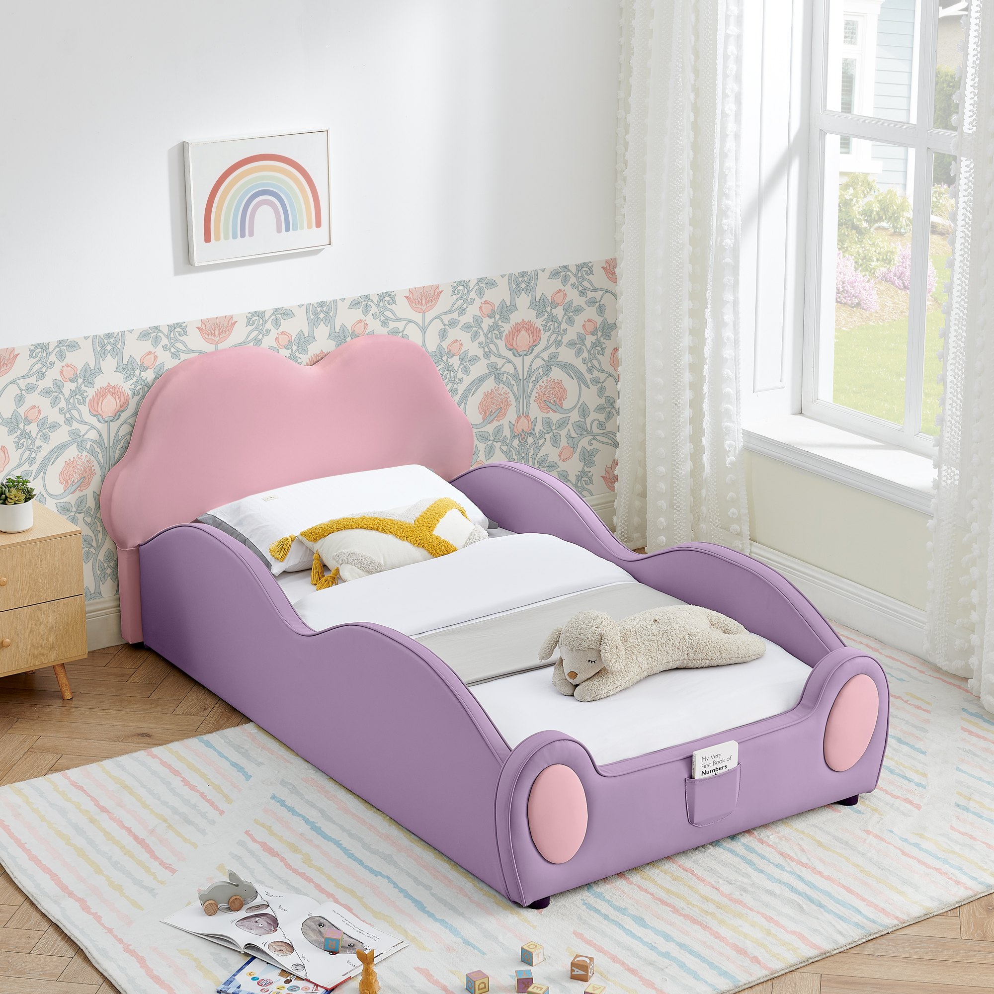 Twin Size Cute Cloud Shape PU Leather Kids Bed with Guardrails, Safety Toddler Bed with Cartoon Purple&Pink Design and Storage Pocket - Image 3
