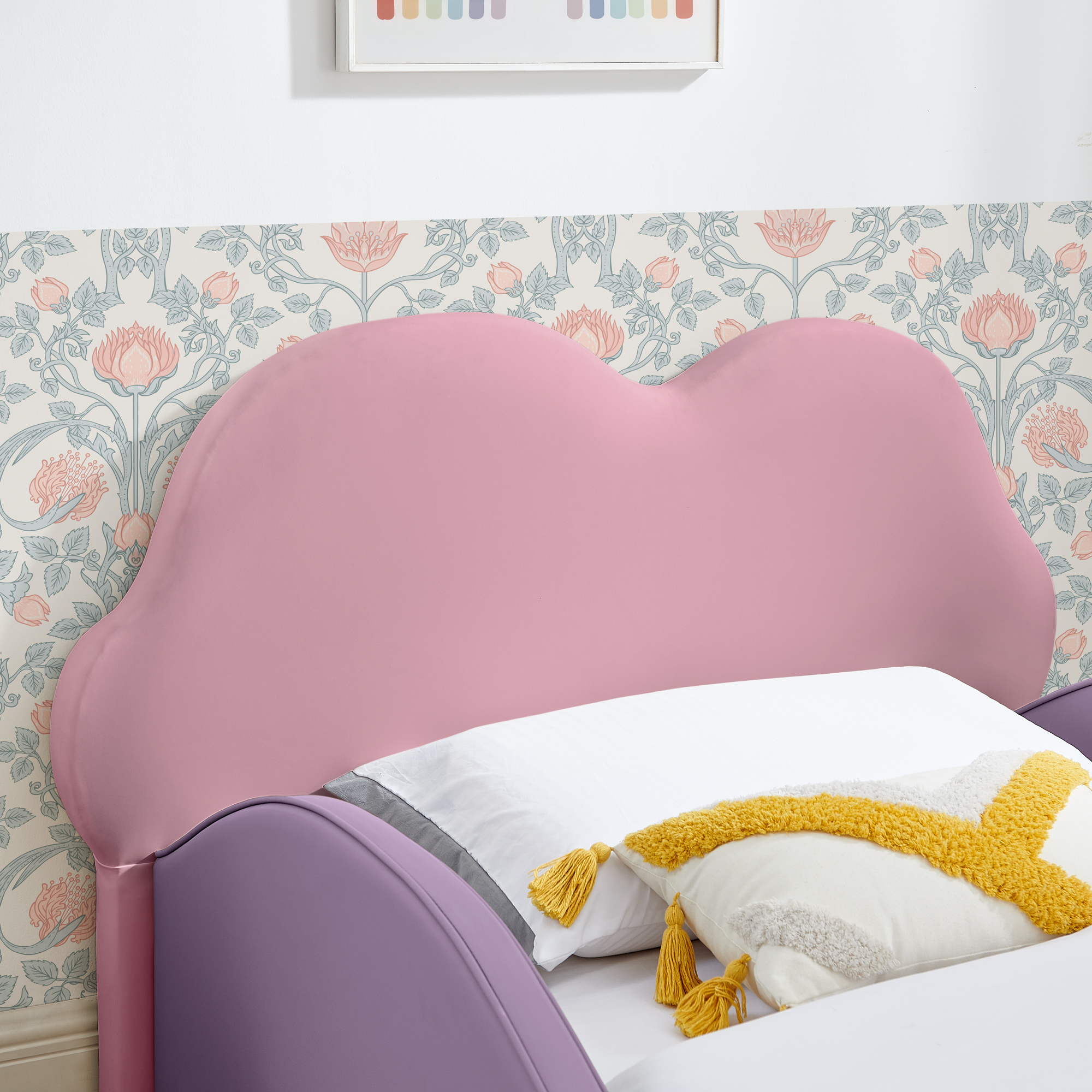 Twin Size Cute Cloud Shape PU Leather Kids Bed with Guardrails, Safety Toddler Bed with Cartoon Purple&Pink Design and Storage Pocket - Image 4