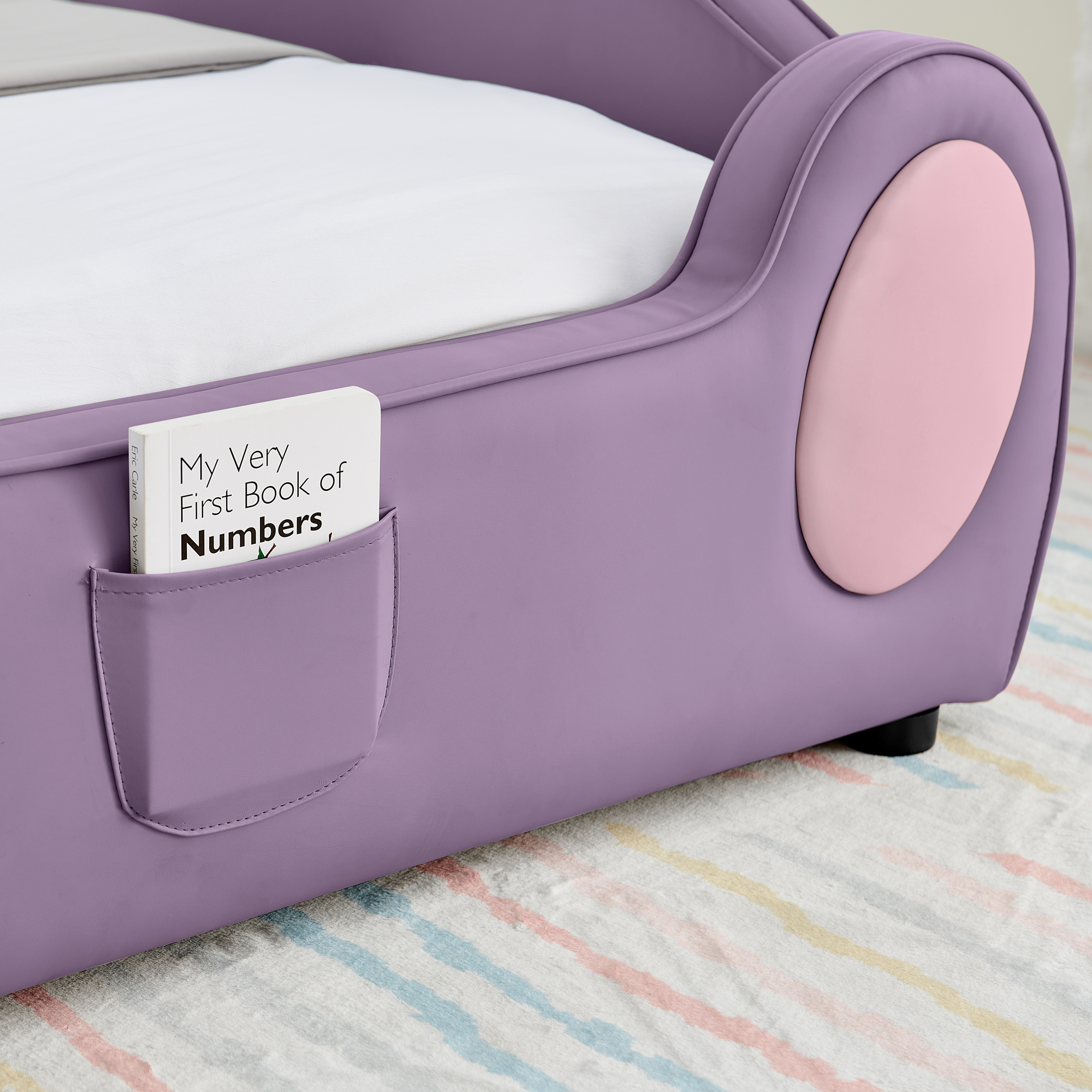 Twin Size Cute Cloud Shape PU Leather Kids Bed with Guardrails, Safety Toddler Bed with Cartoon Purple&Pink Design and Storage Pocket - Image 5