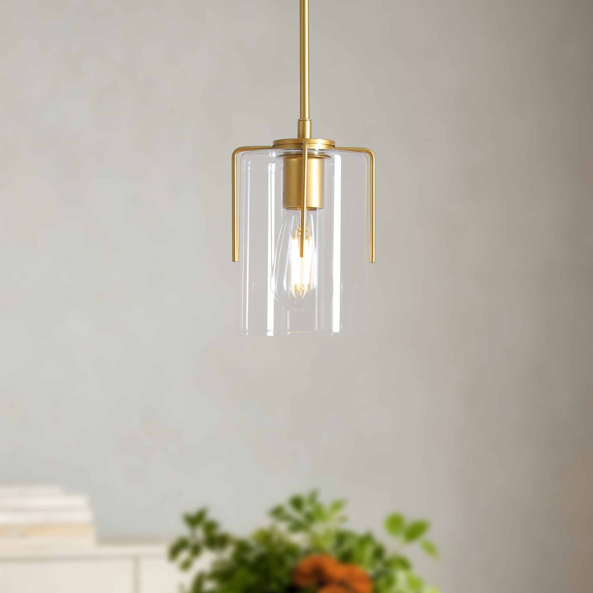 Farmhouse Gold Pendant Light, 1-Light Clear Glass Kitchen Island Light for Dining Table, Adjustable Modern Hanging Ceiling Fixture for Entryway, Hallway, Bedroom - Image 2