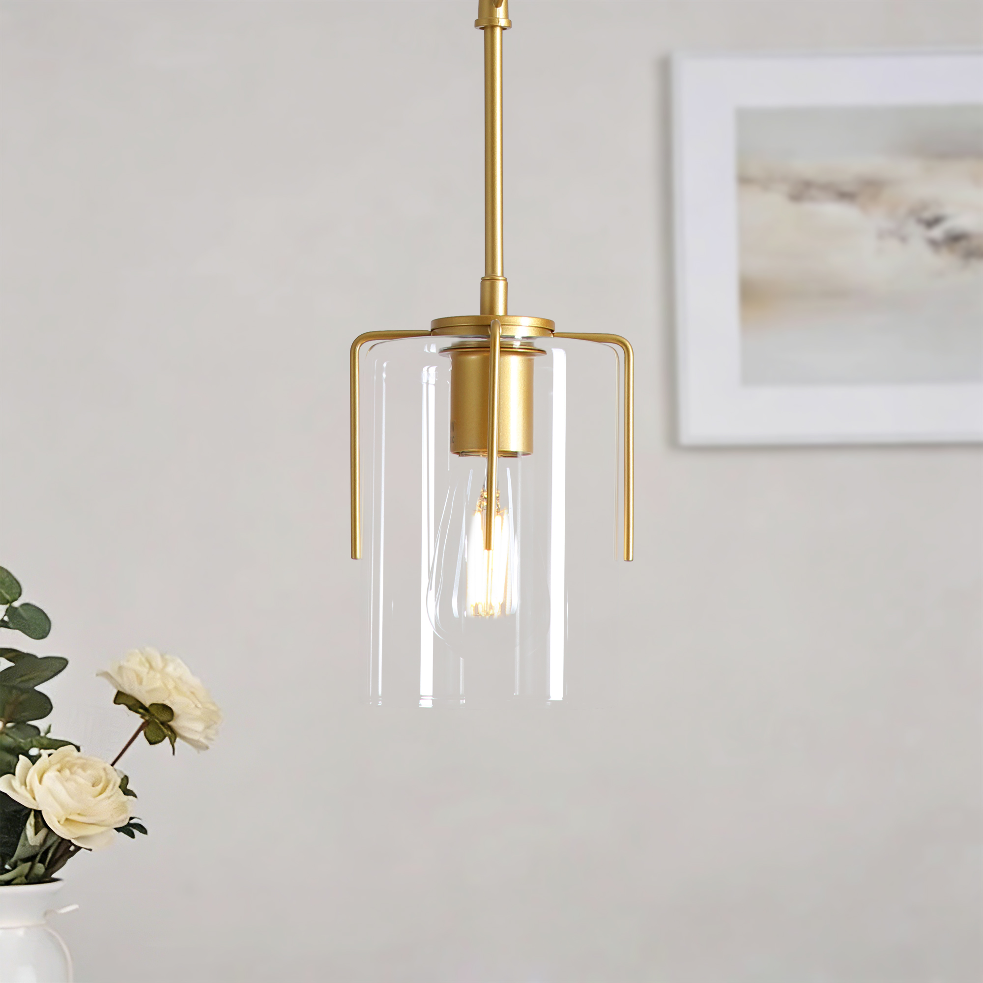 Farmhouse Gold Pendant Light, 1-Light Clear Glass Kitchen Island Light for Dining Table, Adjustable Modern Hanging Ceiling Fixture for Entryway, Hallway, Bedroom - Image 3