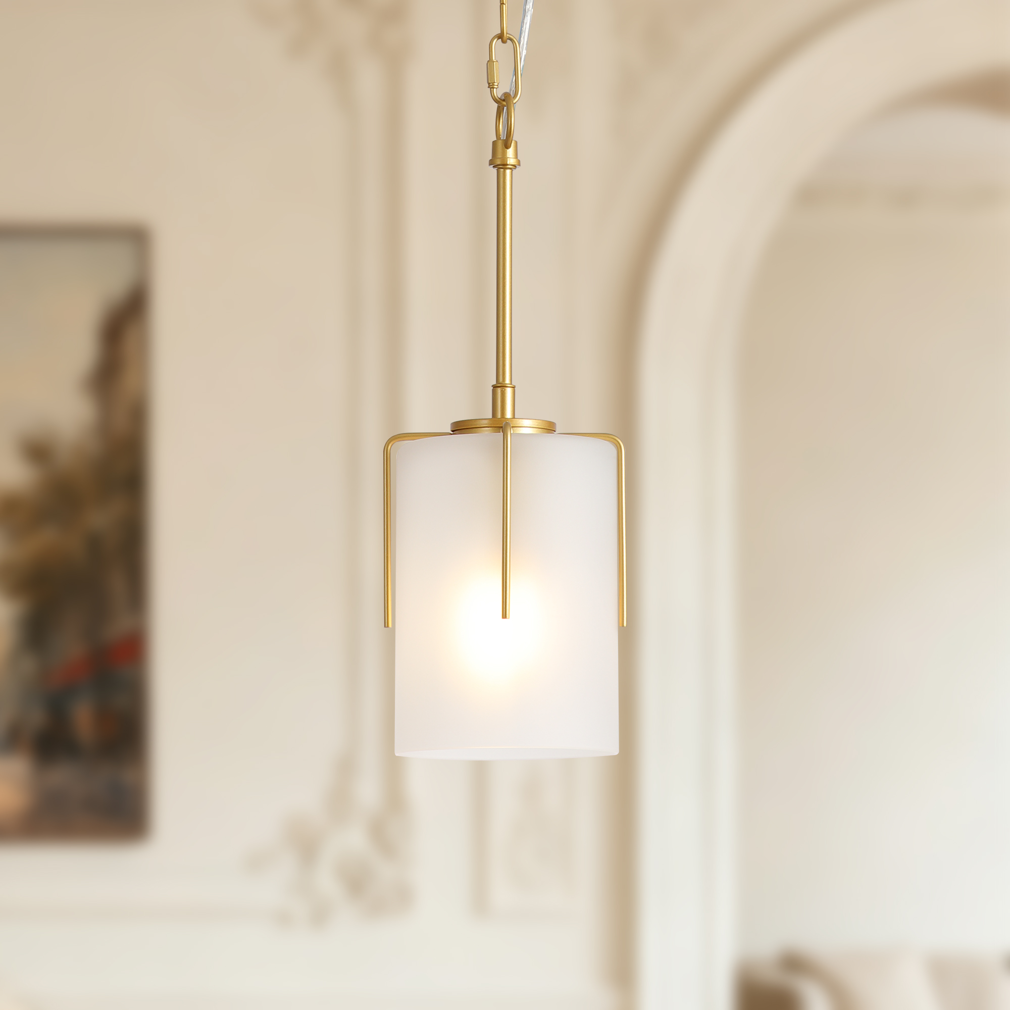 Gold Modern Pendant Light with Frosted Glass Shade, Adjustable Height, Compatible with Flat/Vaulted/Curved Ceilings, E26 Base (Max 60W) for Kitchen Island Dining Room - Image 2