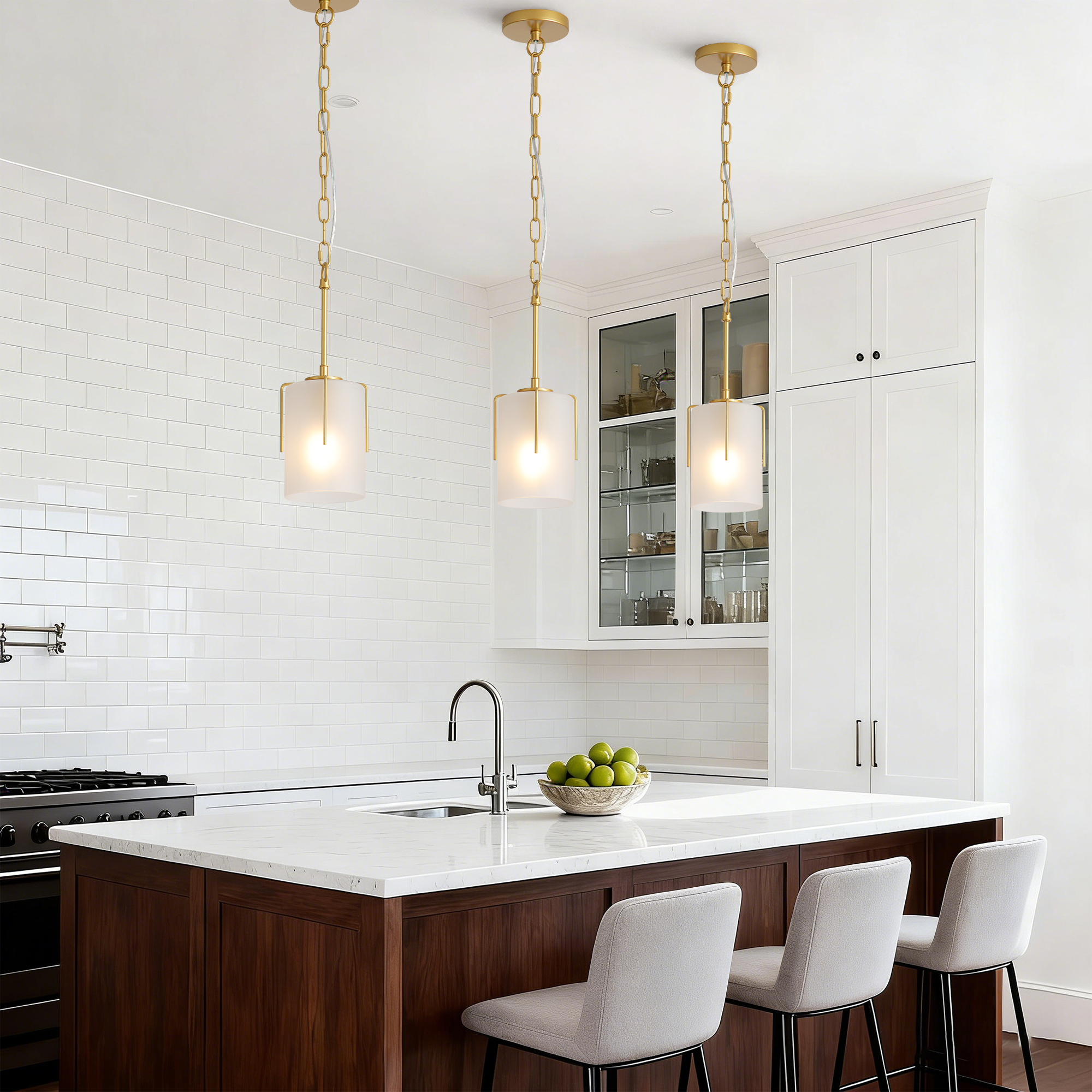 Gold Modern Pendant Light with Frosted Glass Shade, Adjustable Height, Compatible with Flat/Vaulted/Curved Ceilings, E26 Base (Max 60W) for Kitchen Island Dining Room - Image 3