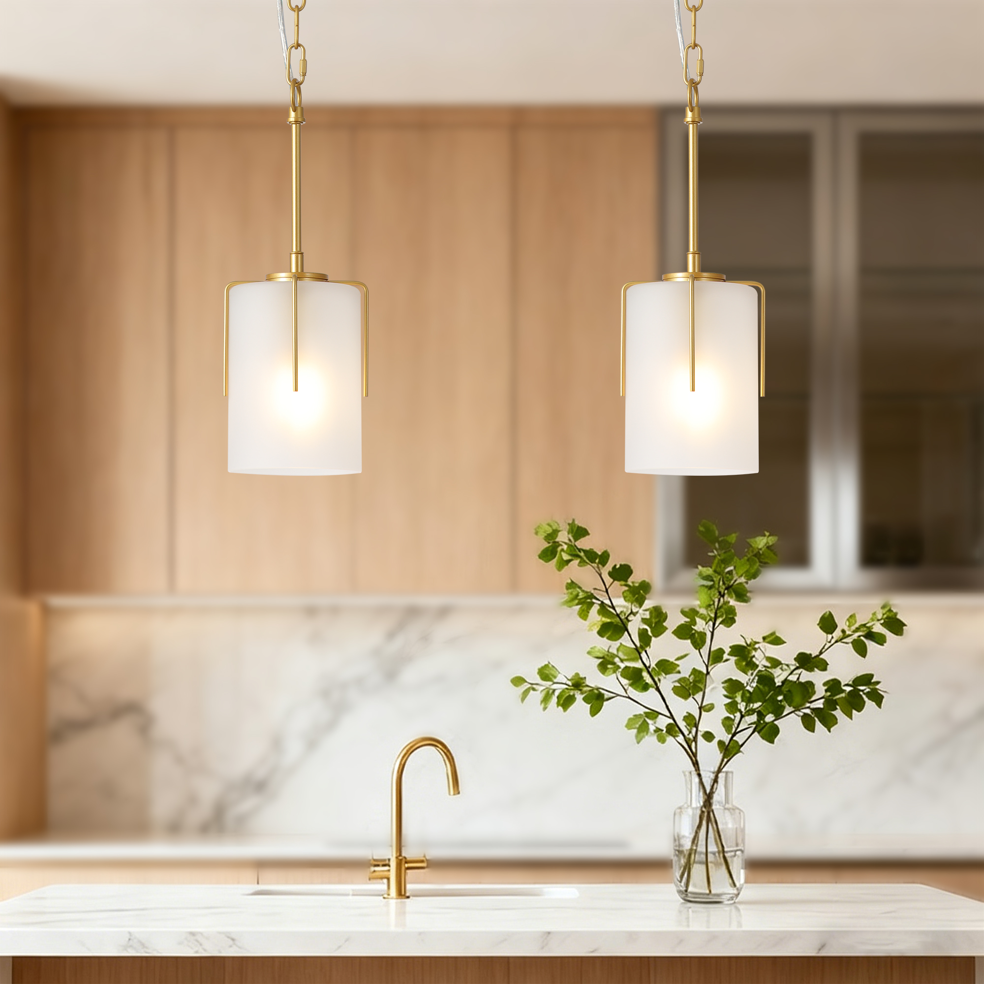 Gold Modern Pendant Light with Frosted Glass Shade, Adjustable Height, Compatible with Flat/Vaulted/Curved Ceilings, E26 Base (Max 60W) for Kitchen Island Dining Room - Image 4