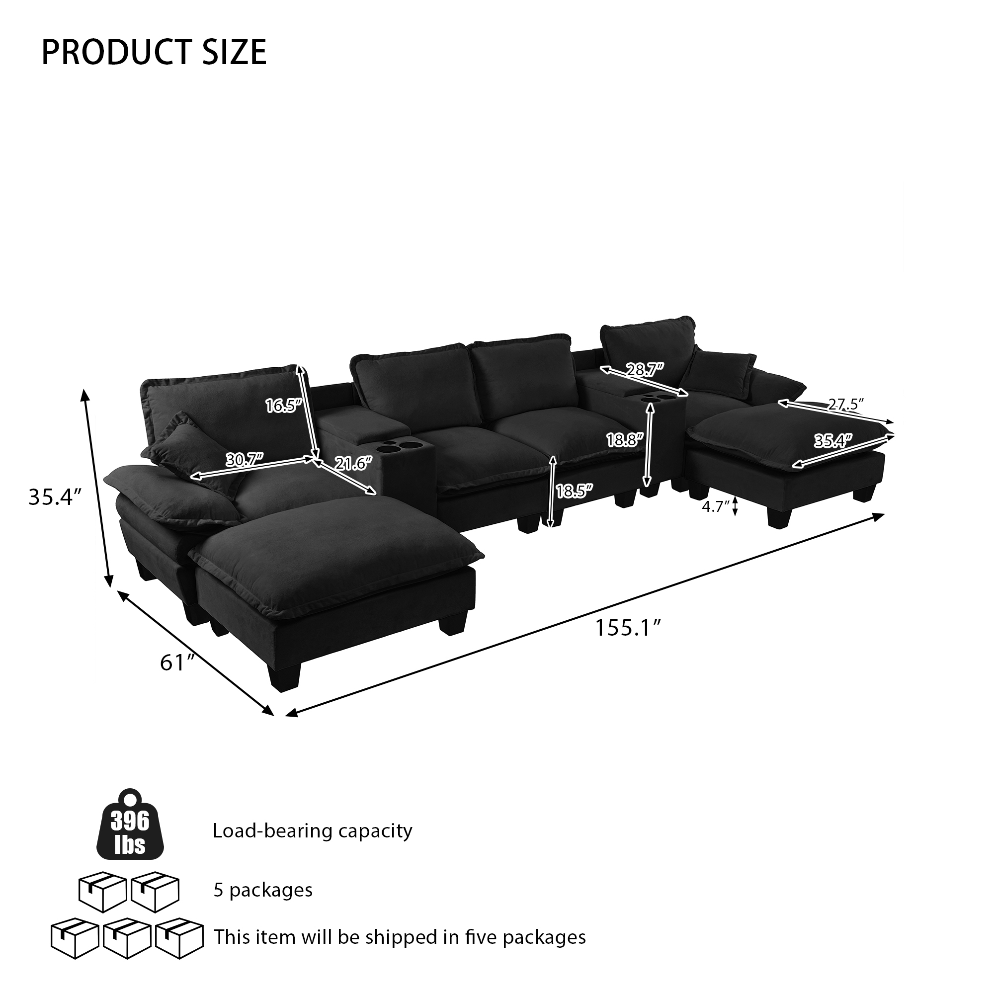 Modular Cloud Couch, U-Shape Sailboat Sofa with 2 Storage Central Consoles & Cup Holders, USB Port, 2 Ottomans & 2 Pillows, Chenille for Apartment & Living Room, Black - Image 2